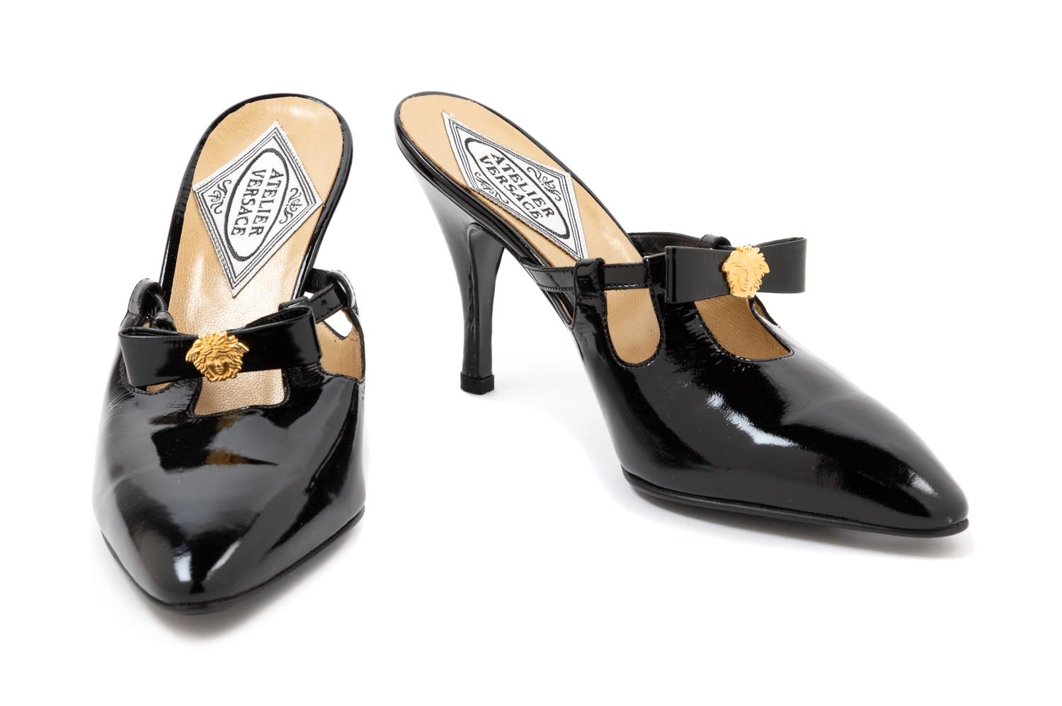 Atelier Versace Black Patent Mules, 1990s