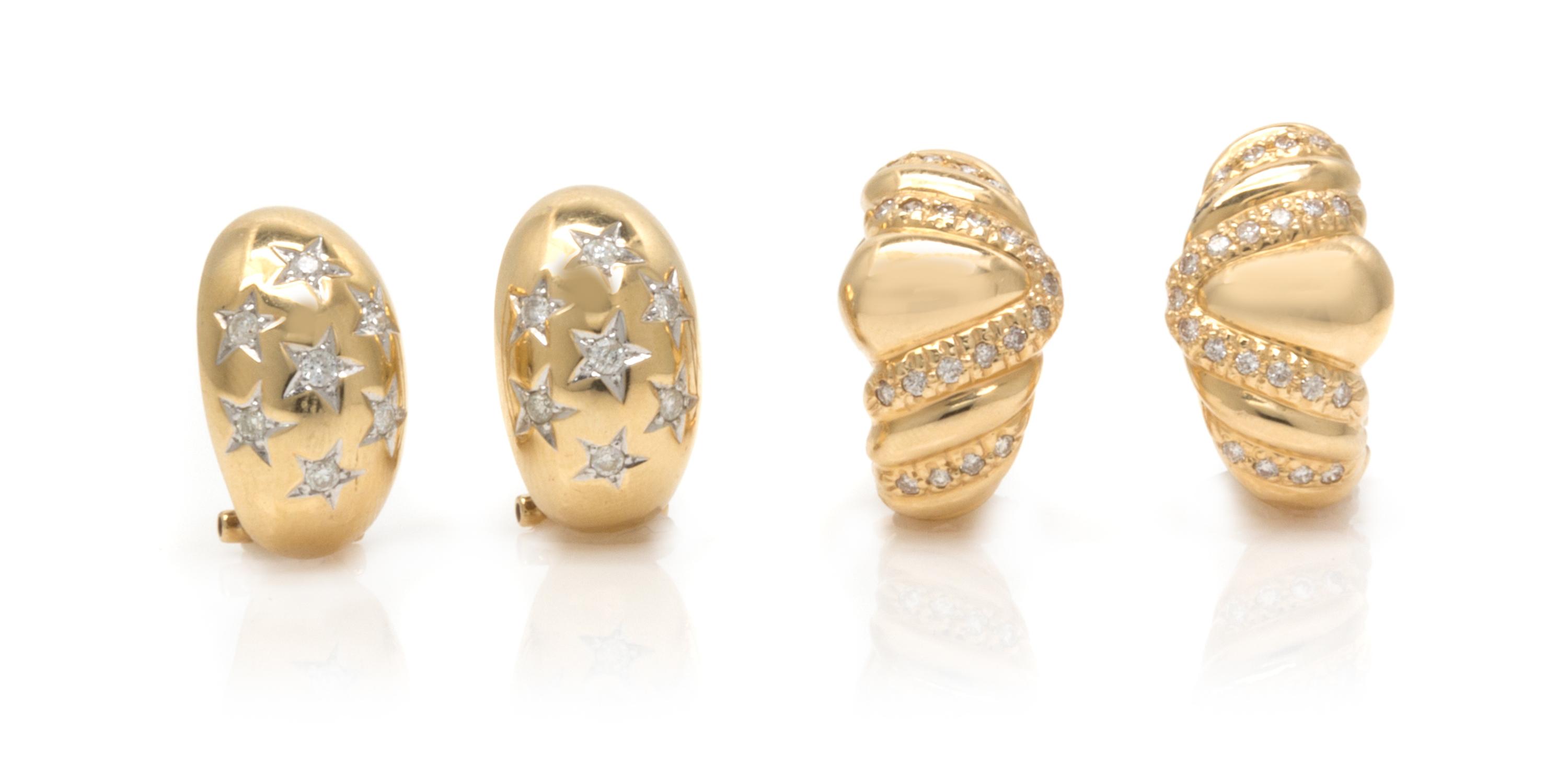 A Collection of Yellow Gold and Diamond Earclips, 15.10 dwts.