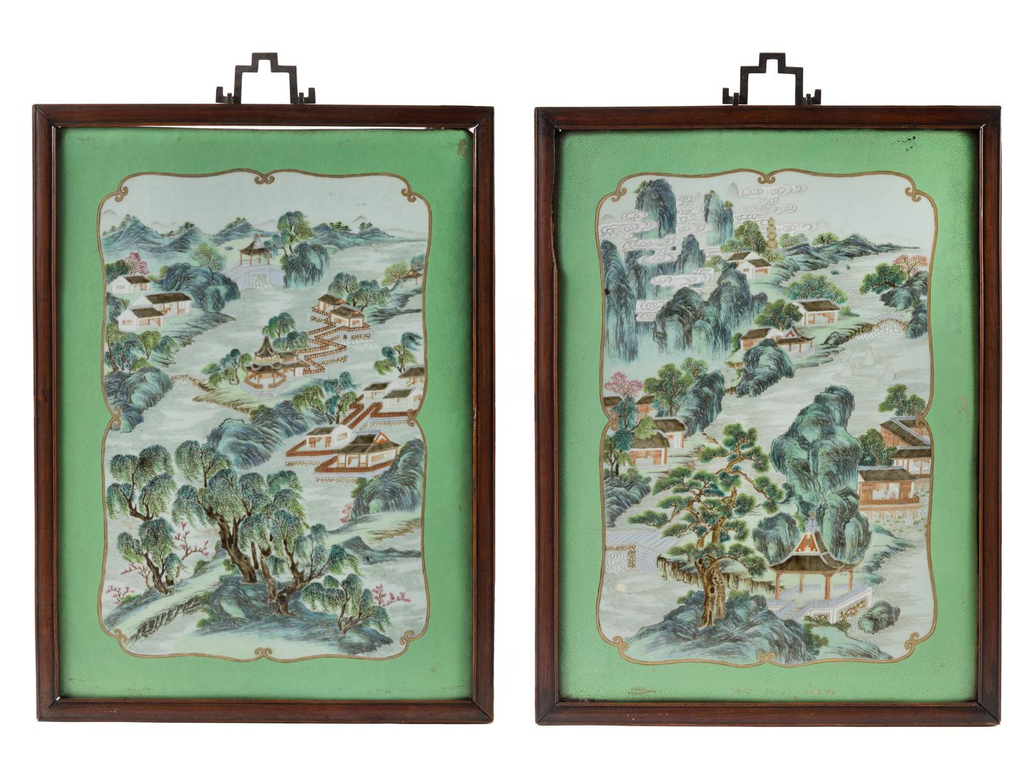 A Pair of Famille Rose Porcelain Plaques 20 3/4 x 15 inches. — QING DYNASTY