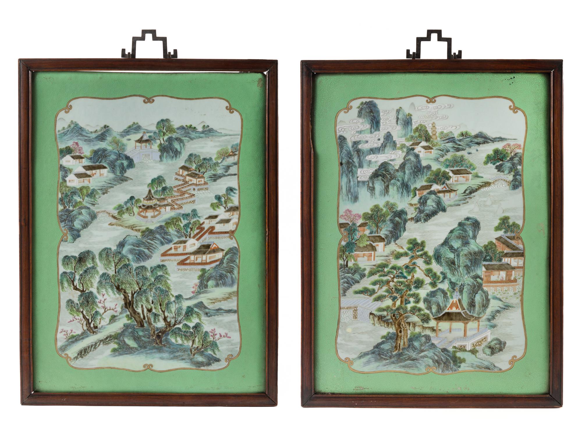 A Pair of Famille Rose Porcelain Plaques 20 3/4 x 15 inches. — QING DYNASTY