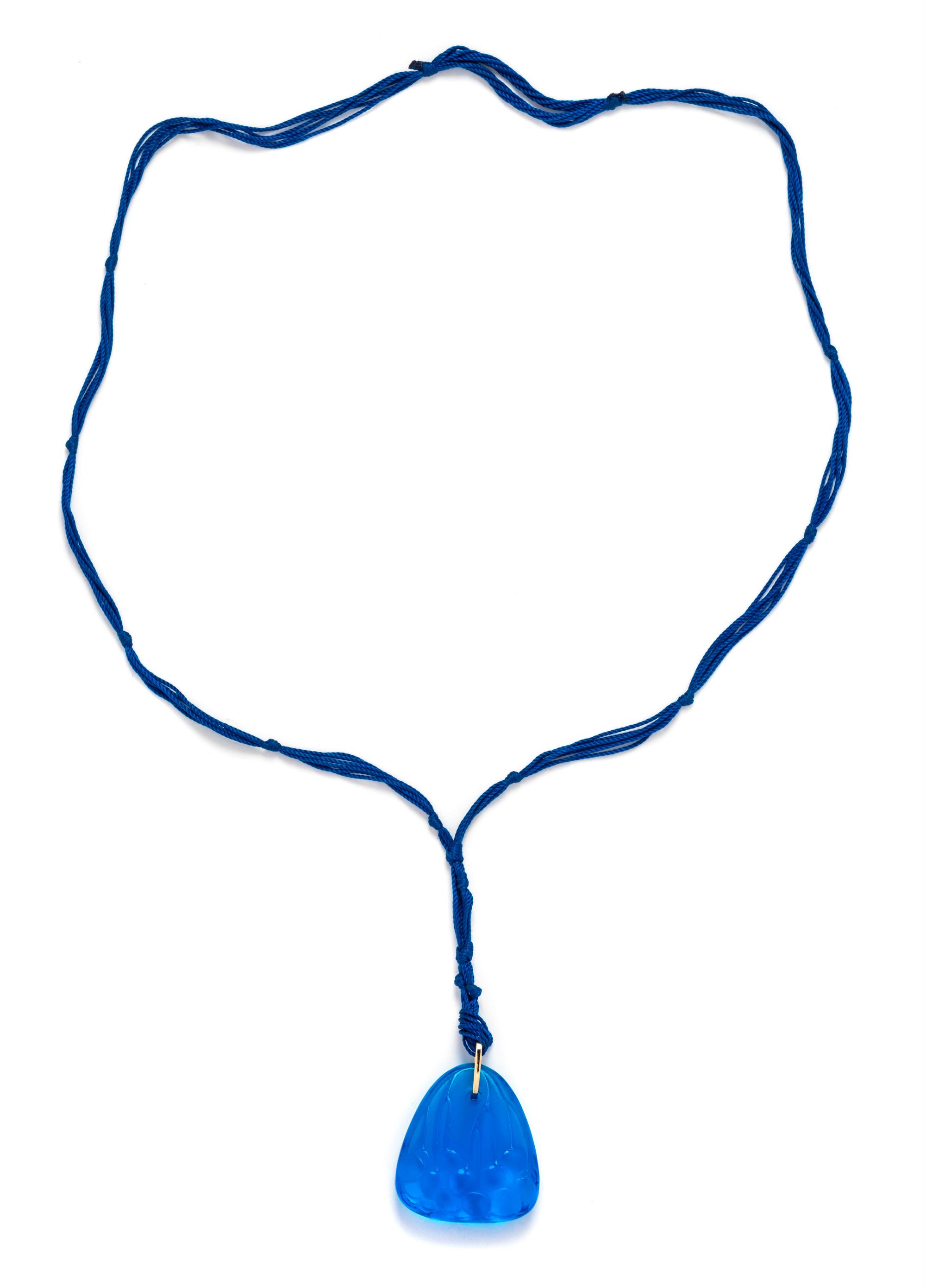 A Blue Pressed Glass 'Cerises' Pendant and Silk Necklace, Lalique, Circa 1920,