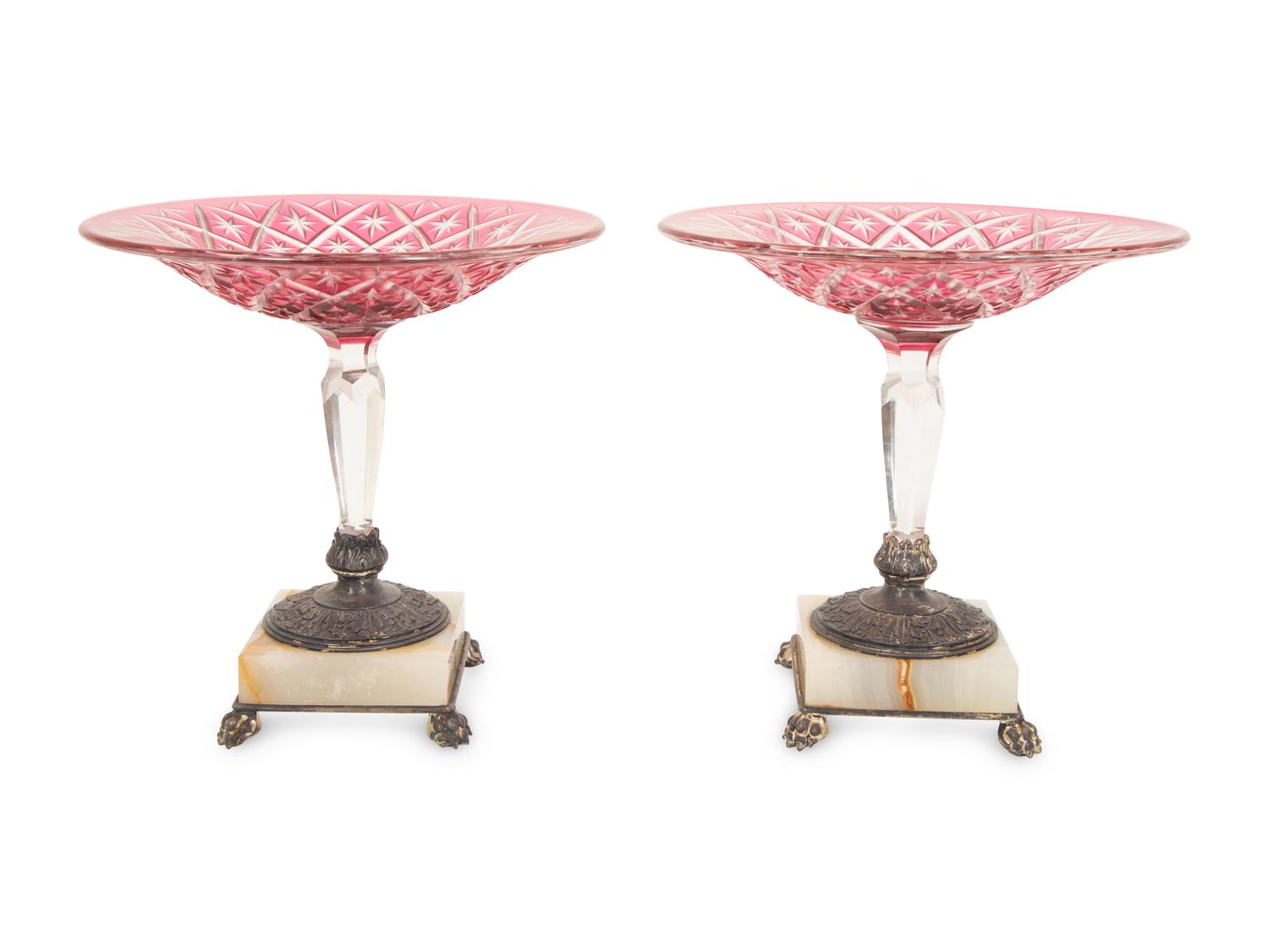A Pair of Cranberry Cut-to-Clear Glass, Onyx and Silver-Plate Compotes