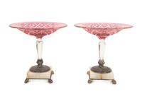 A Pair of Cranberry Cut-to-Clear Glass, Onyx and Silver-Plate Compotes