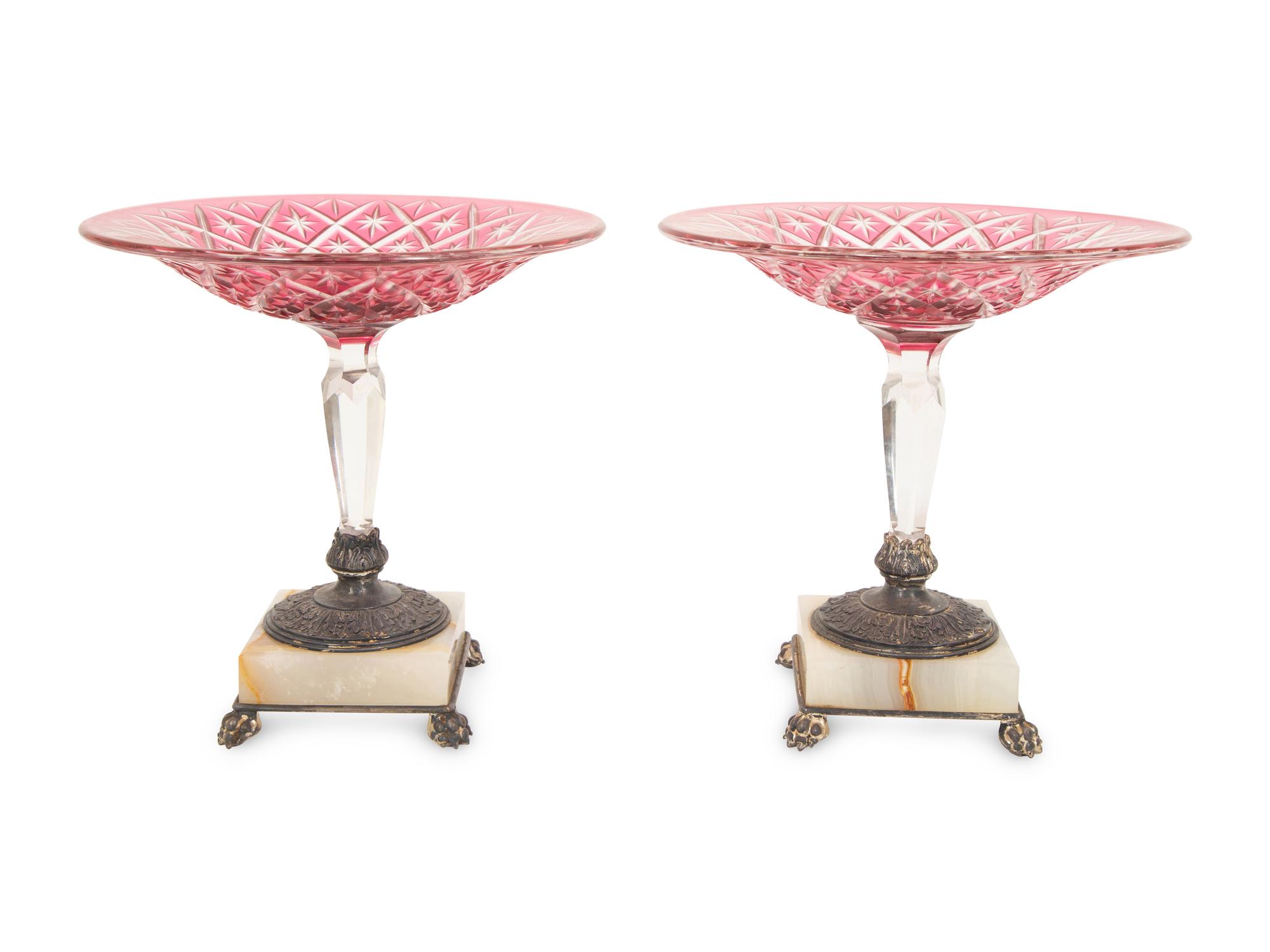 A Pair of Cranberry Cut-to-Clear Glass, Onyx and Silver-Plate Compotes