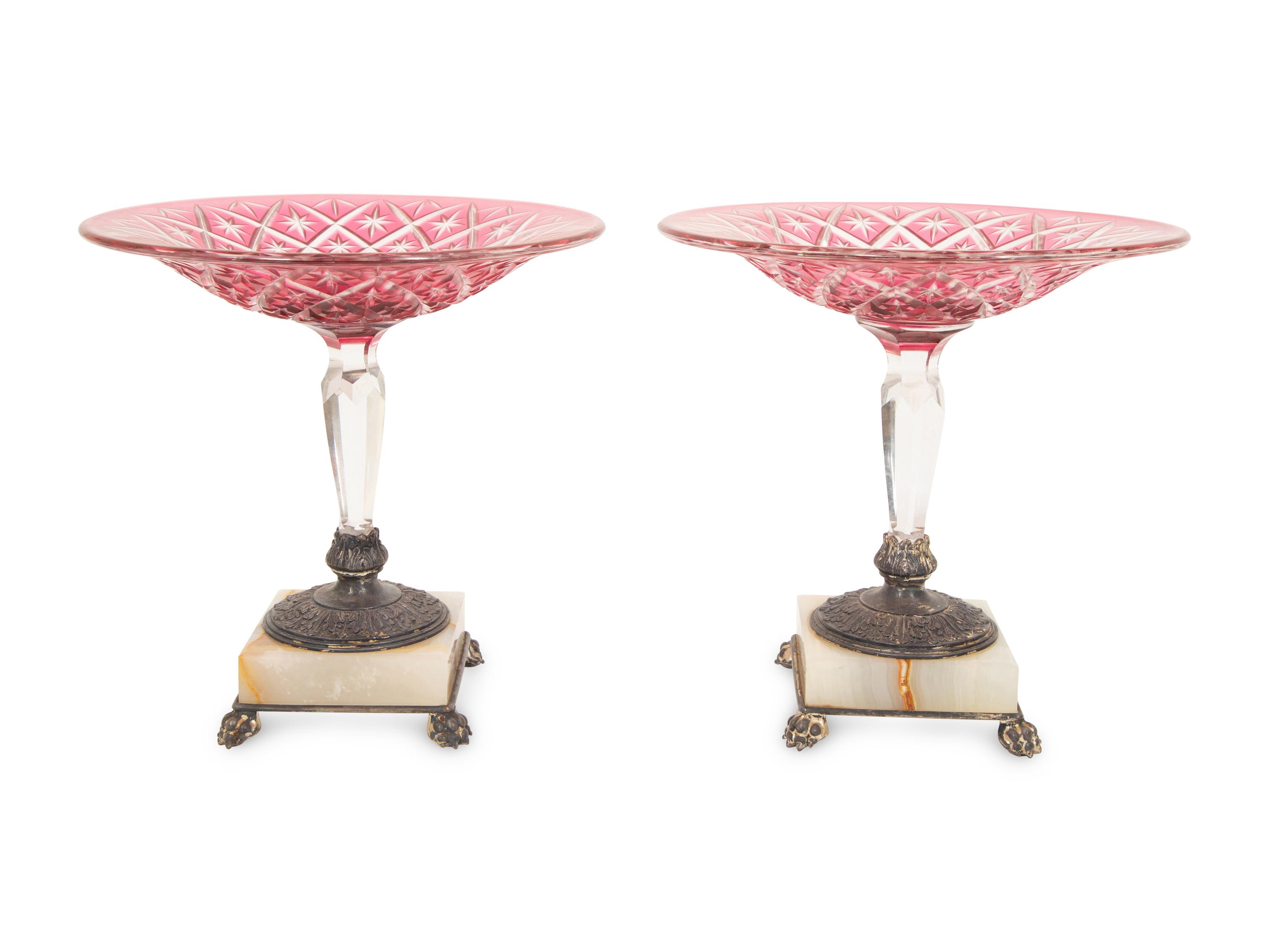 A Pair of Cranberry Cut-to-Clear Glass, Onyx and Silver-Plate Compotes