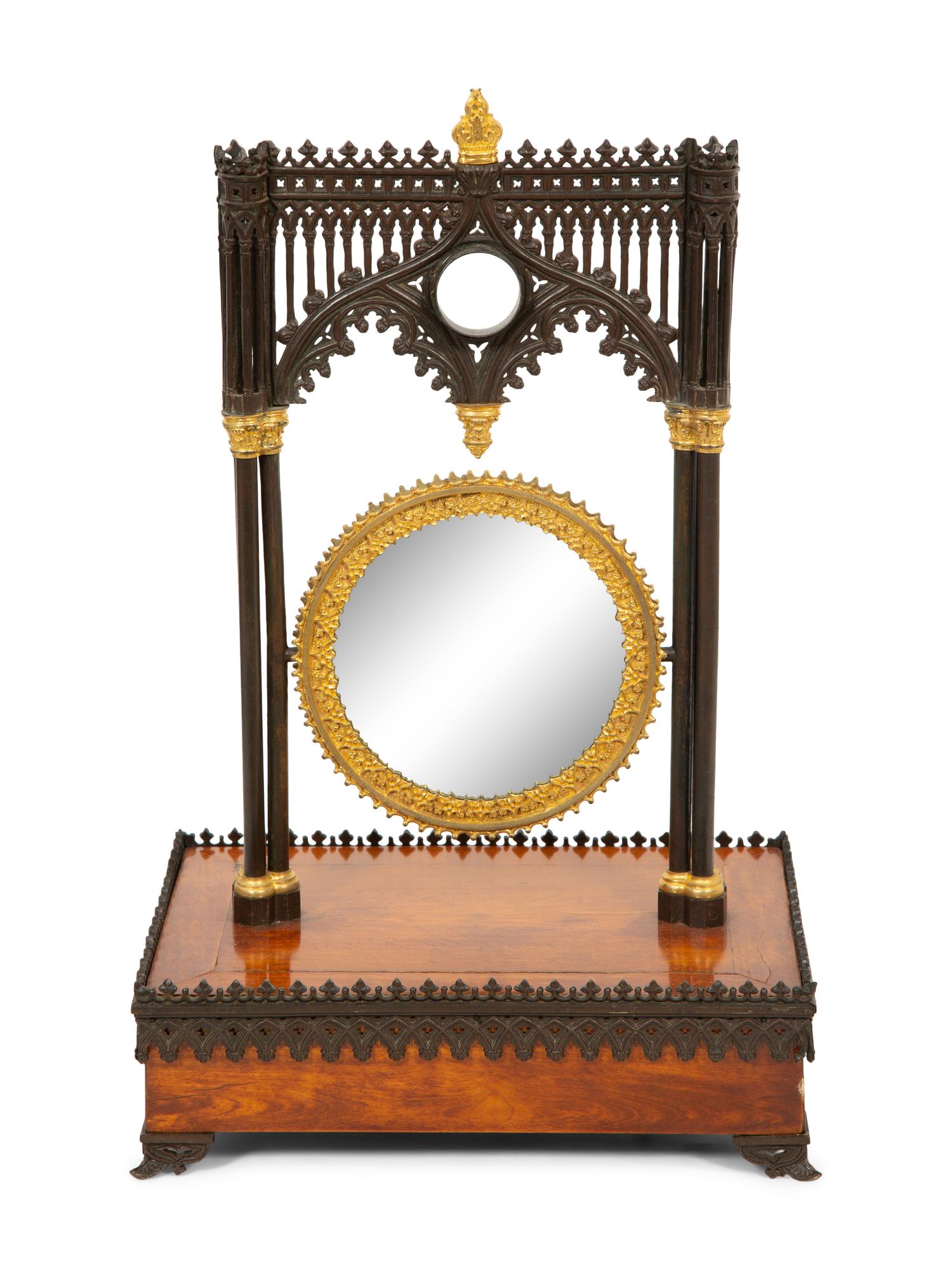 A Charles X Gothic-Motif Patinated, Gilt Bronze and Satinwood Dressing Mirror