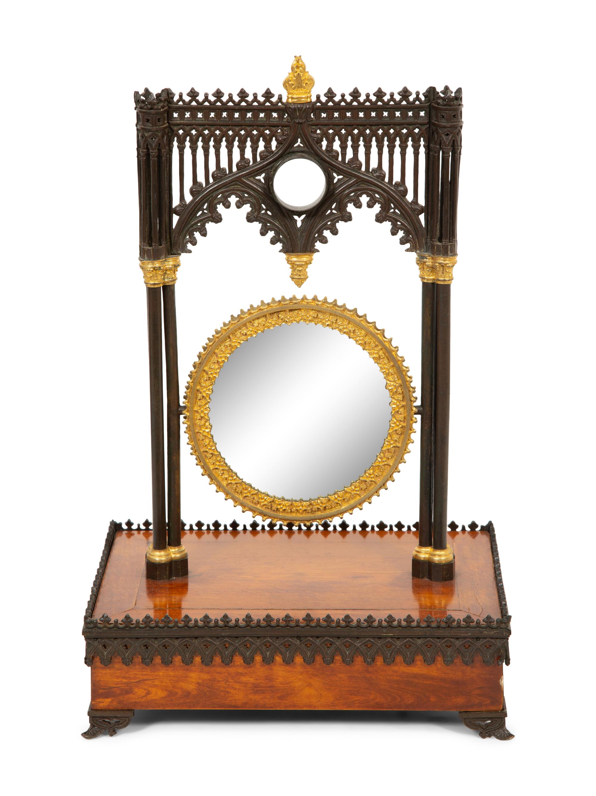 A Charles X Gothic-Motif Patinated, Gilt Bronze and Satinwood Dressing Mirror