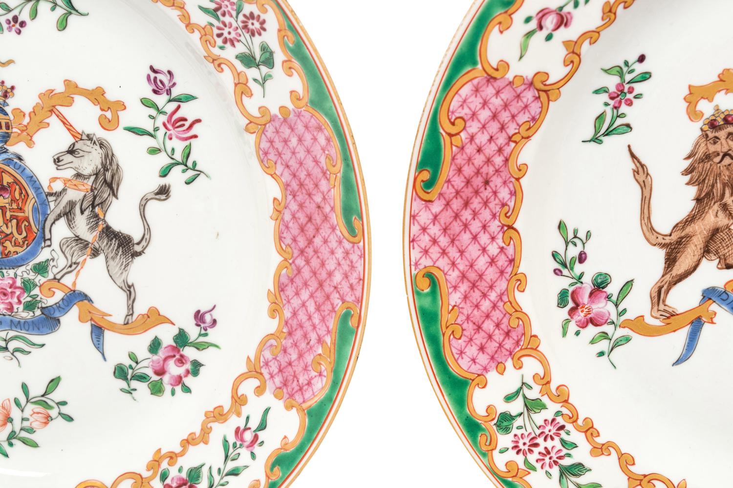 A Pair of Samson Famille Rose Porcelain Armorial Dinner Plates