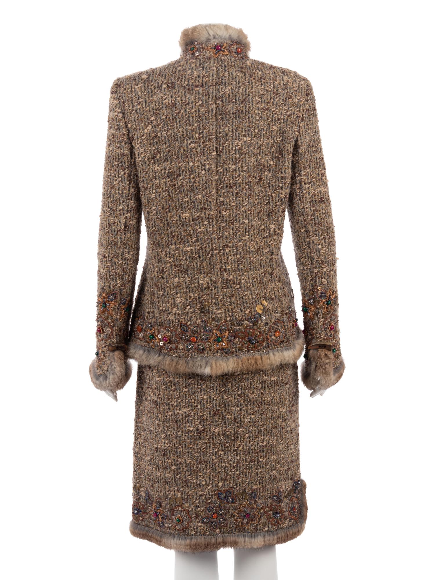 Oscar de la Renta Embellished Two-Piece Skirt Ensemble Trimmed with Rabbit Fur