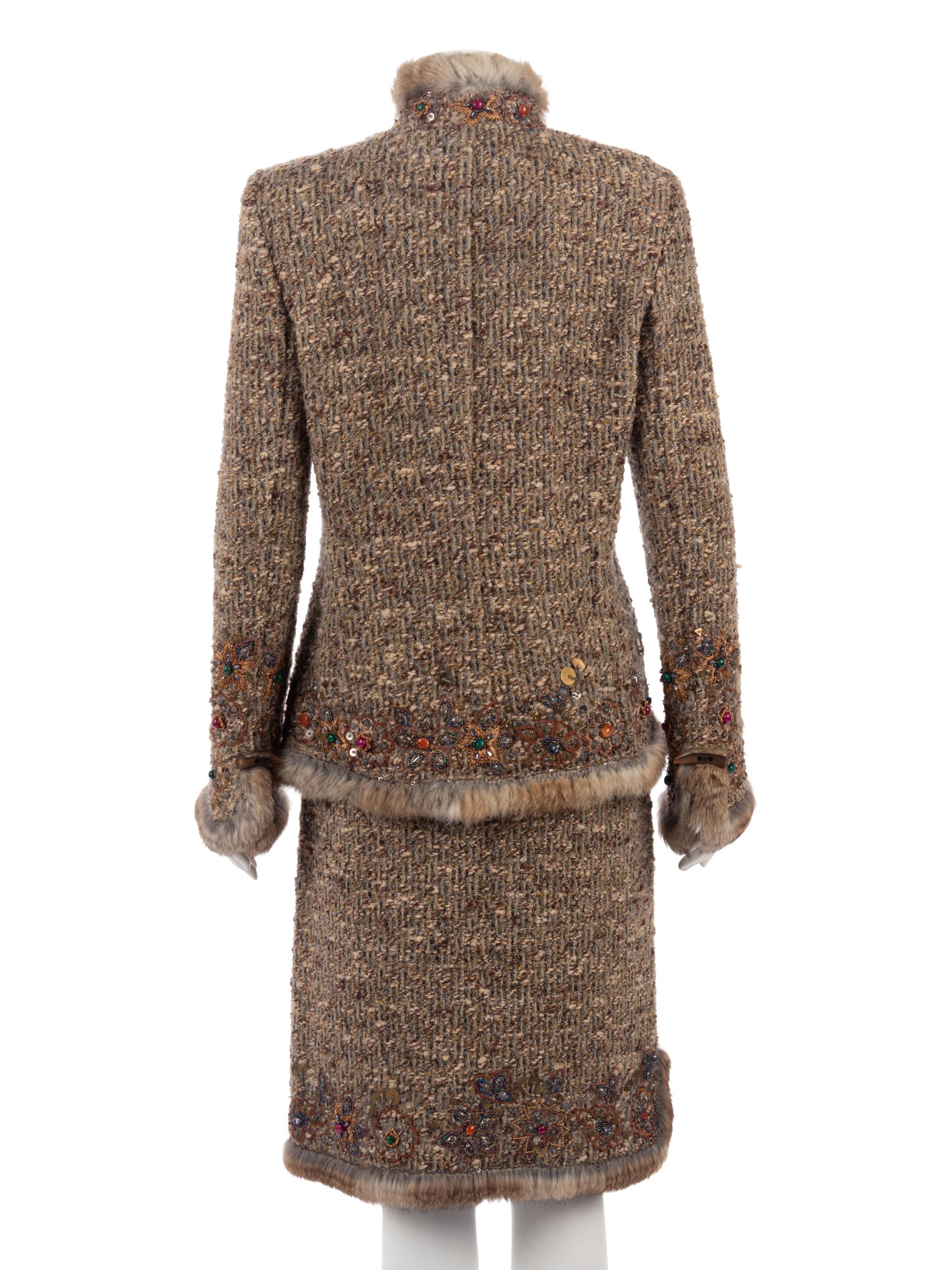Oscar de la Renta Embellished Two-Piece Skirt Ensemble Trimmed with Rabbit Fur