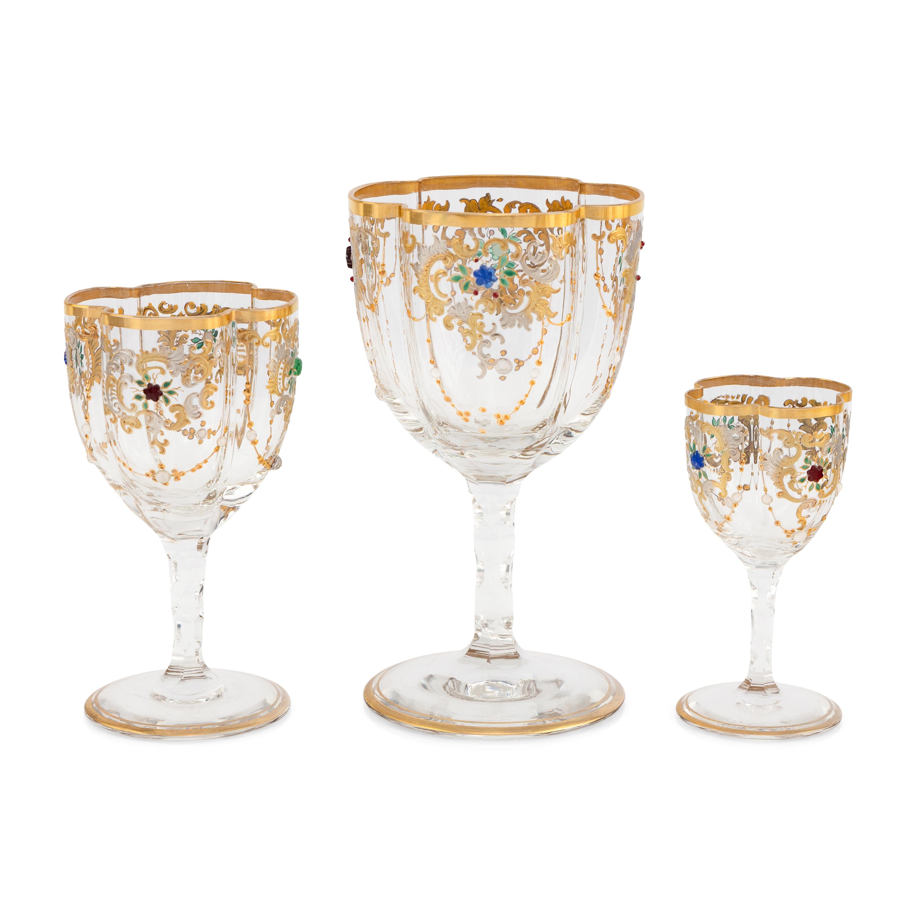 A Venetian Enameled and Gilt Decorated Glass Table Service