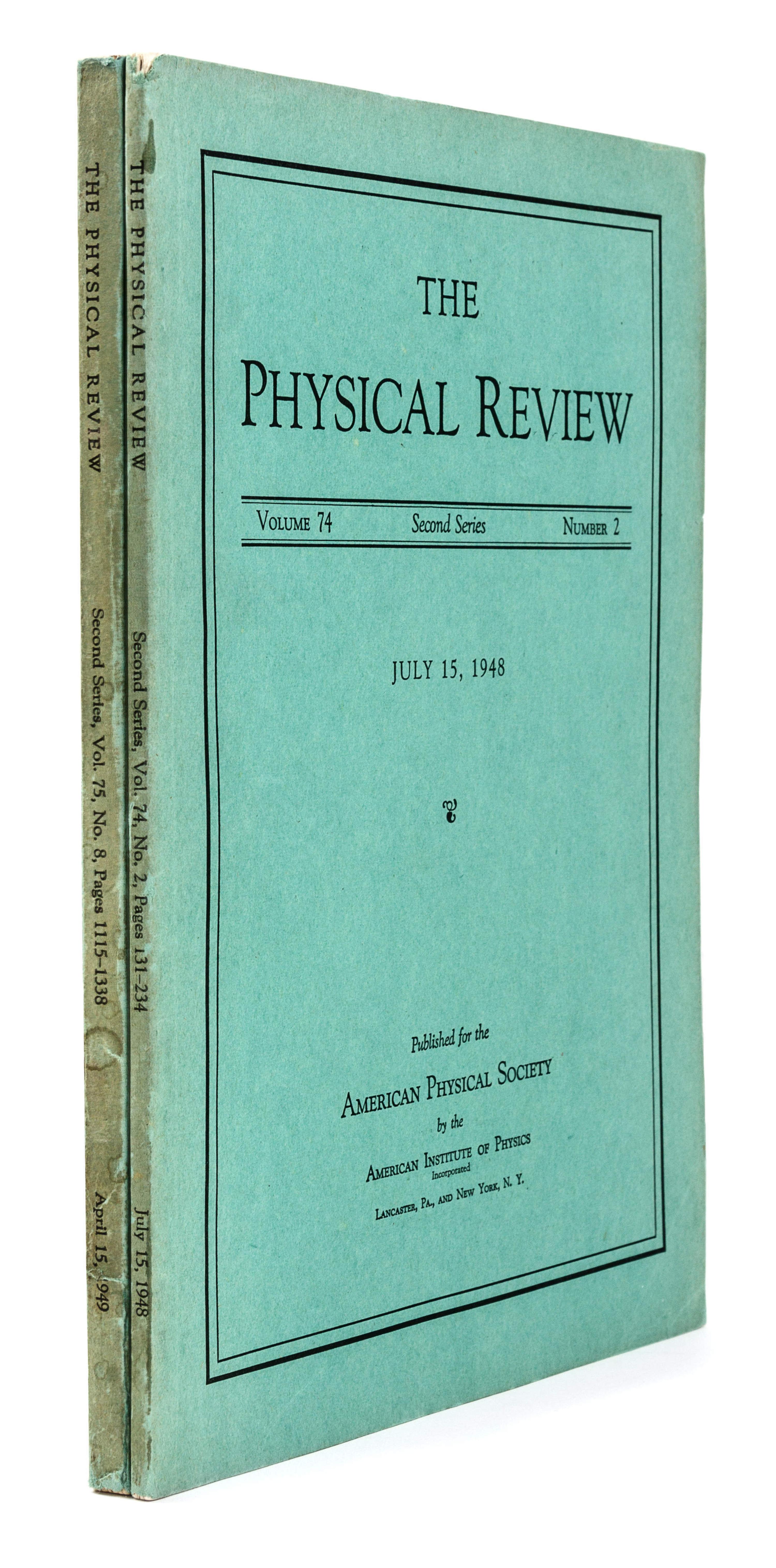 [TRANSISTORS]. BARDEEN, John (1908-1991) and Walter H. BRATTAIN (1902-1987). “The Transistor, A Semi-Conductor Triode.” – BRATTAIN, William H. and John BARDEEN. “Nature of the Forward Current in Germanium Point Contacts.” – SHOCKLEY, William Bradford, Jr. (1910-1989) and Gerald. L. PEARSON (1905-1987). “Modulation of Conductance of Thin Films of Semi-Conductors by Surface Charges.” In: The Physical Review , Vol. 74, Second Series, No. 2, pp. 230-233. Lancaster, PA and New York: American Institute of Physics, July 15, 1948.
