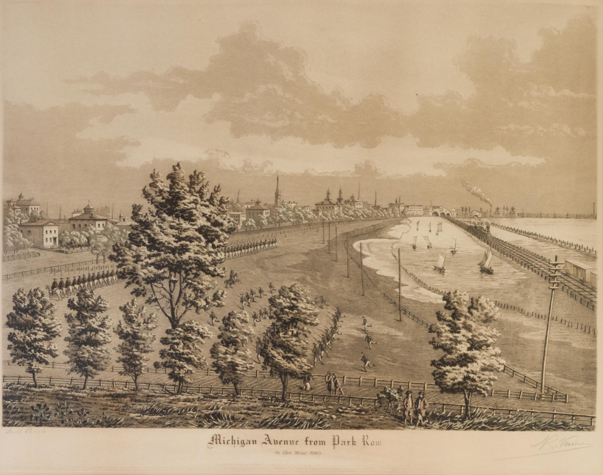 (CHICAGO) VARIN, RAOUL. Michigan Avenue from Park Row, in the Year 1865. Original aquatint print. Framed.