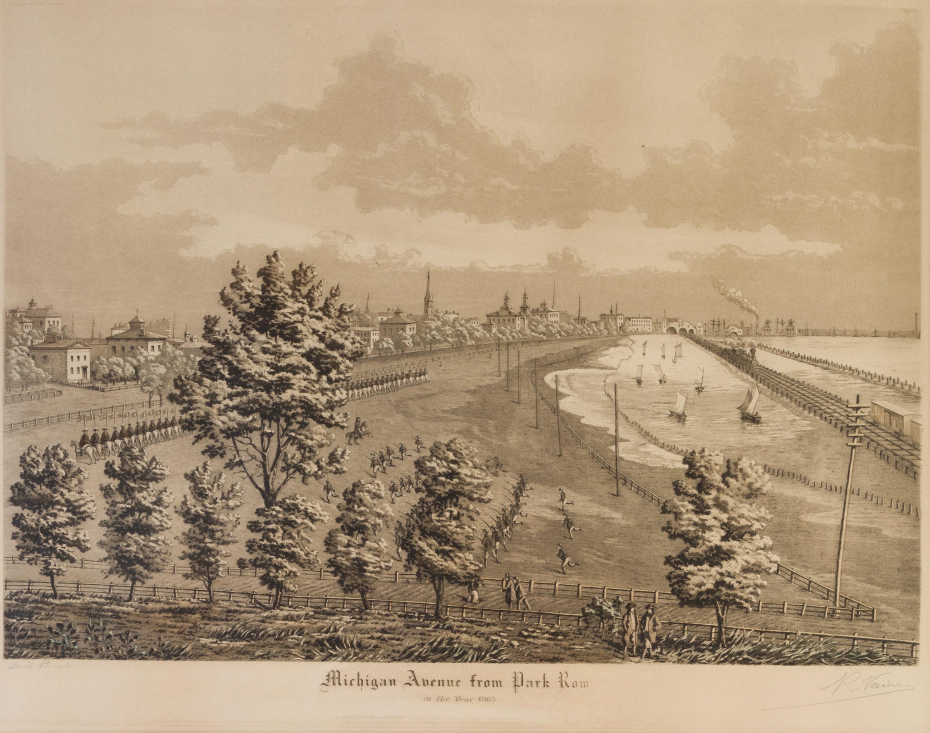 (CHICAGO) VARIN, RAOUL. Michigan Avenue from Park Row, in the Year 1865. Original aquatint print. Framed.