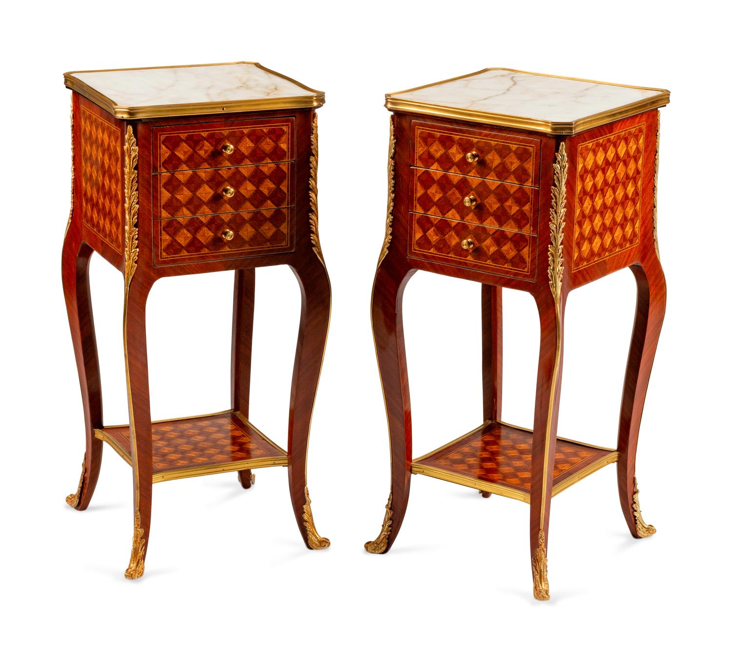 A Pair of Louis XV Style Gilt-Metal-Mounted Parquetry Tables de Nuit