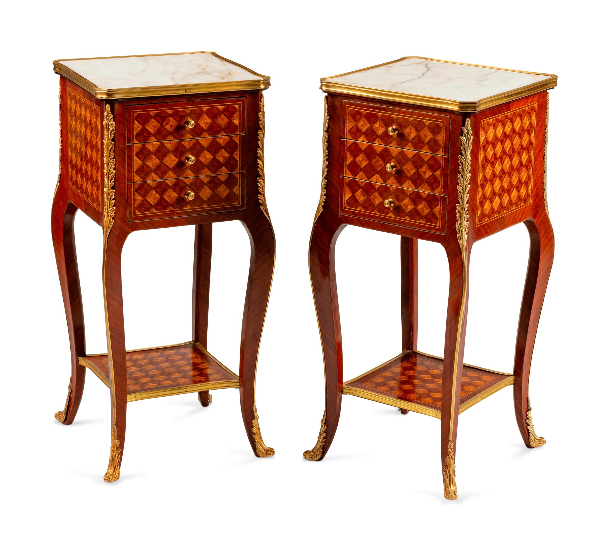 A Pair of Louis XV Style Gilt-Metal-Mounted Parquetry Tables de Nuit