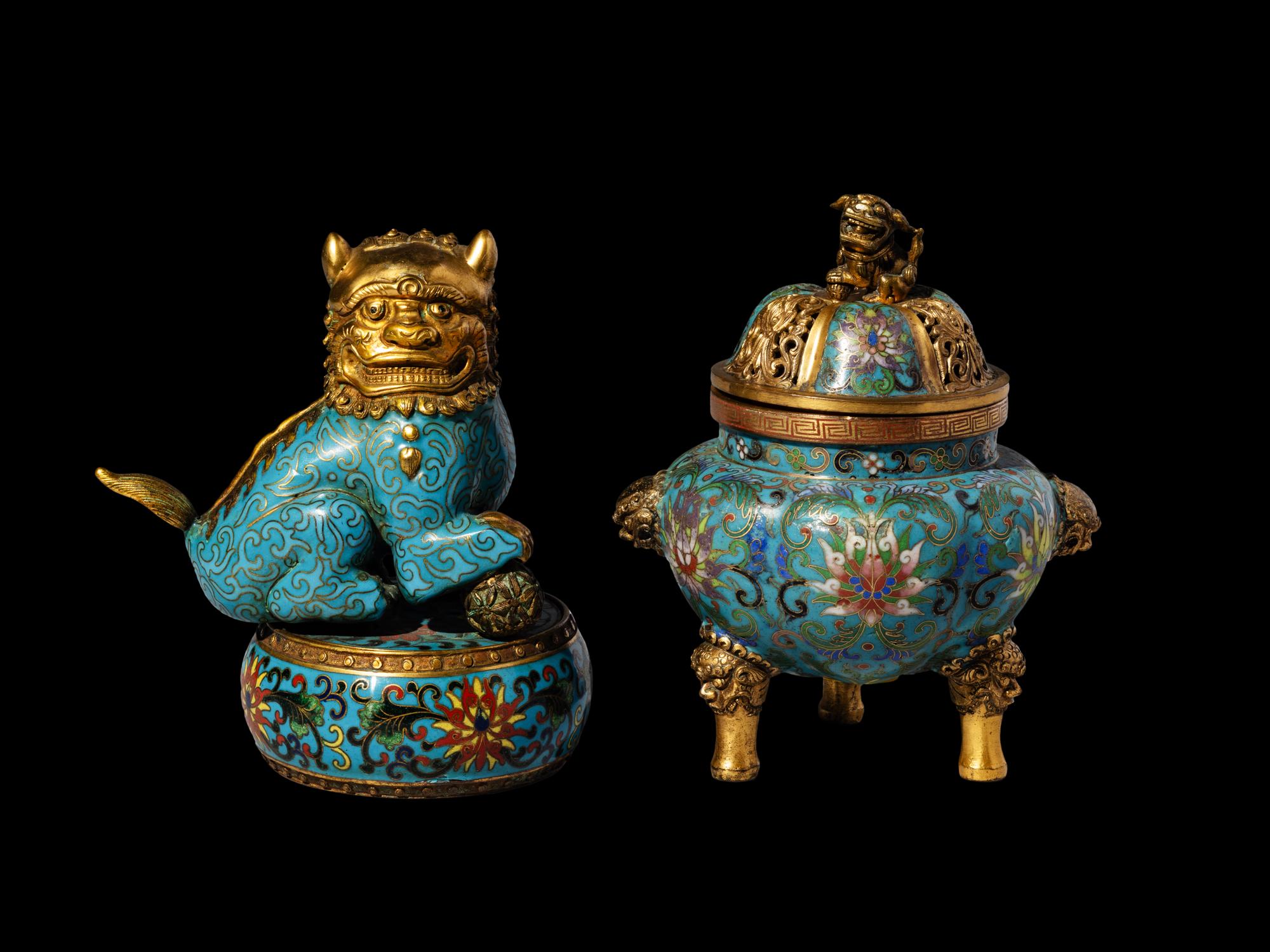 A Chinese Cloisonn é Enamel Covered Censer and A Cloisonn é Enamel Lion-Form Covered Box