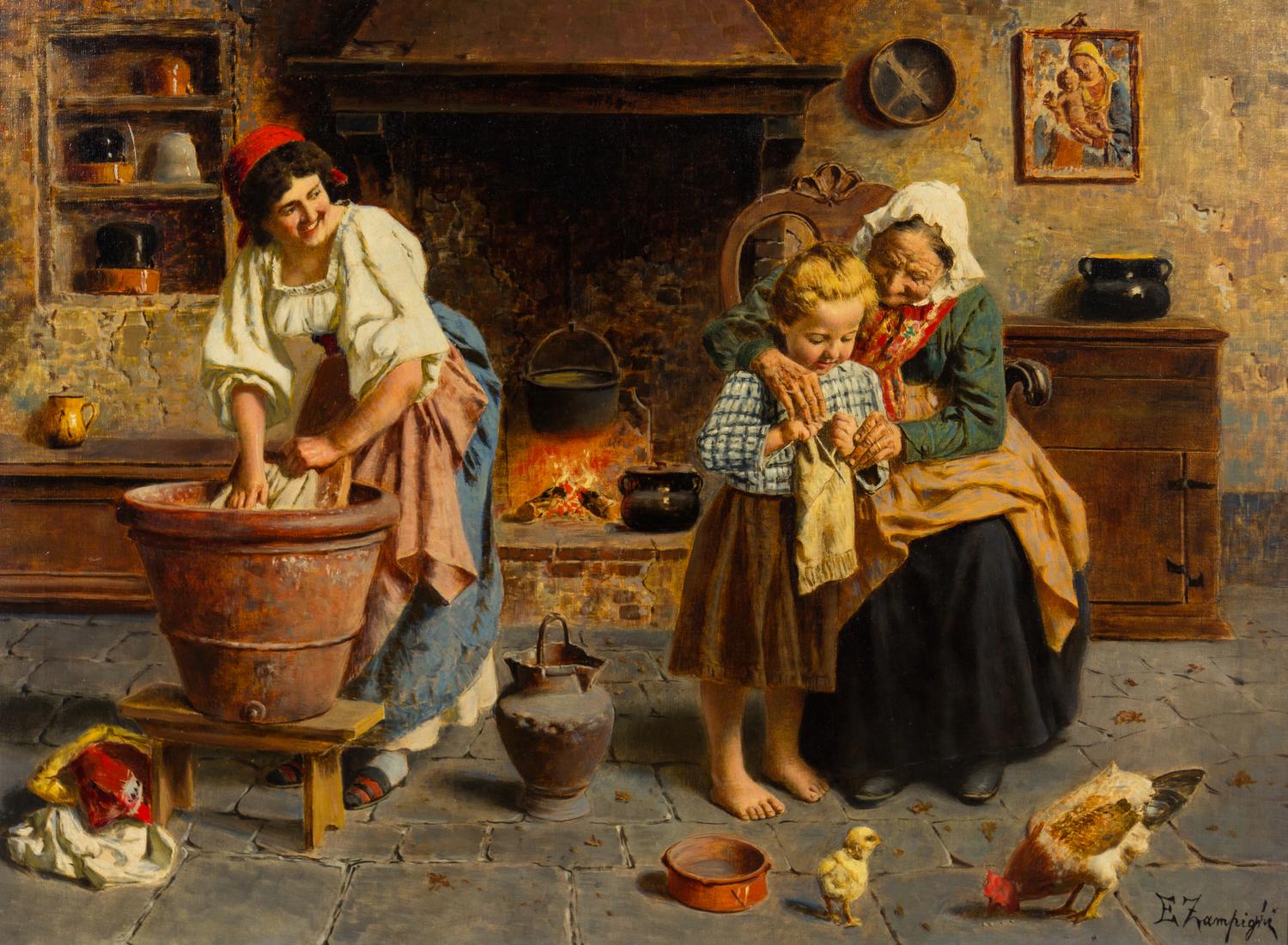 Eugenio Zampighi, (Italian, 1859-1944), Knitting Lesson