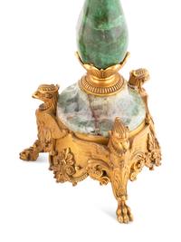 A Pair of Continental Gilt Bronze, Faux Malachite and Green Quartz Candlesticks