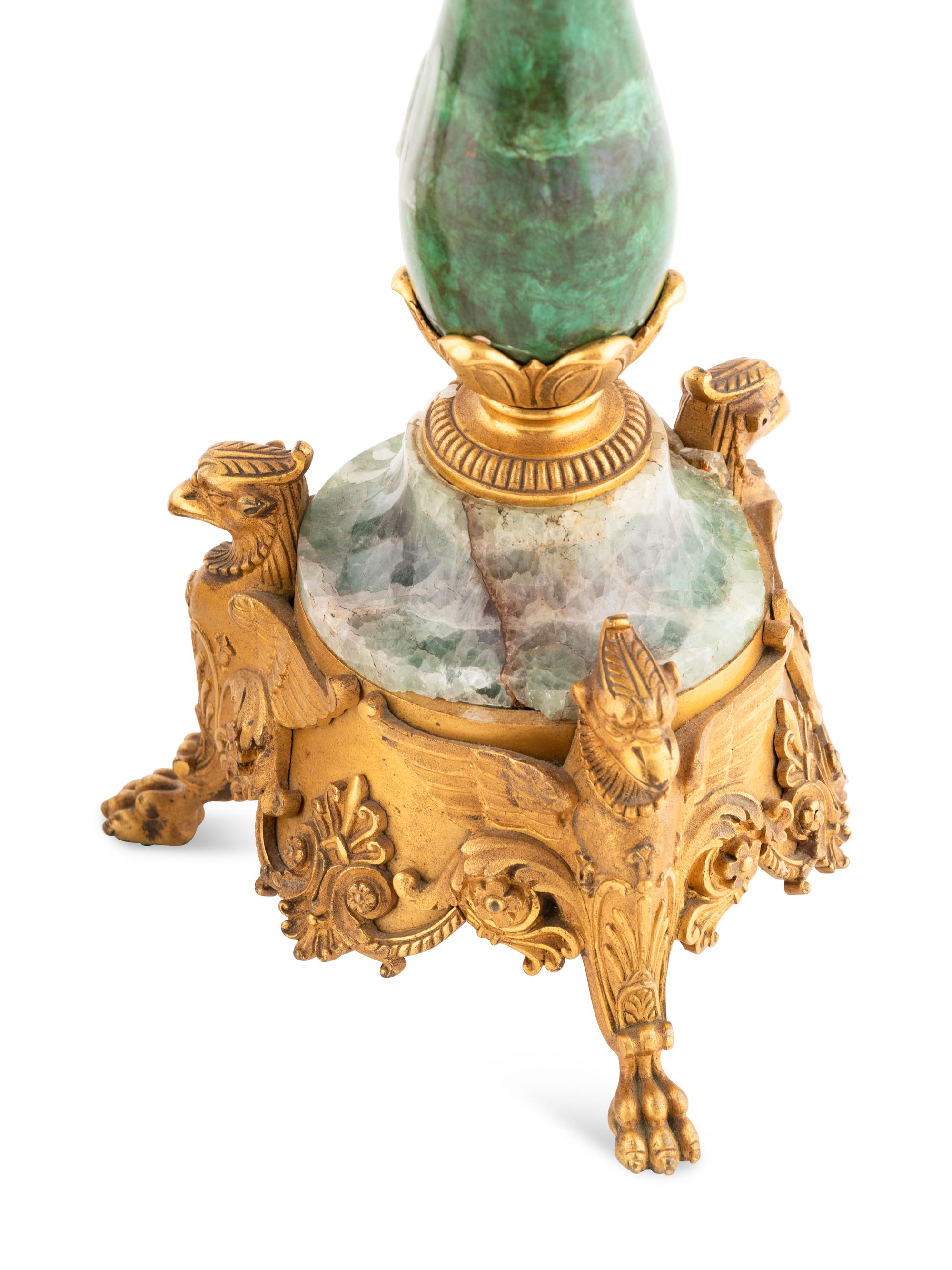 A Pair of Continental Gilt Bronze, Faux Malachite and Green Quartz Candlesticks