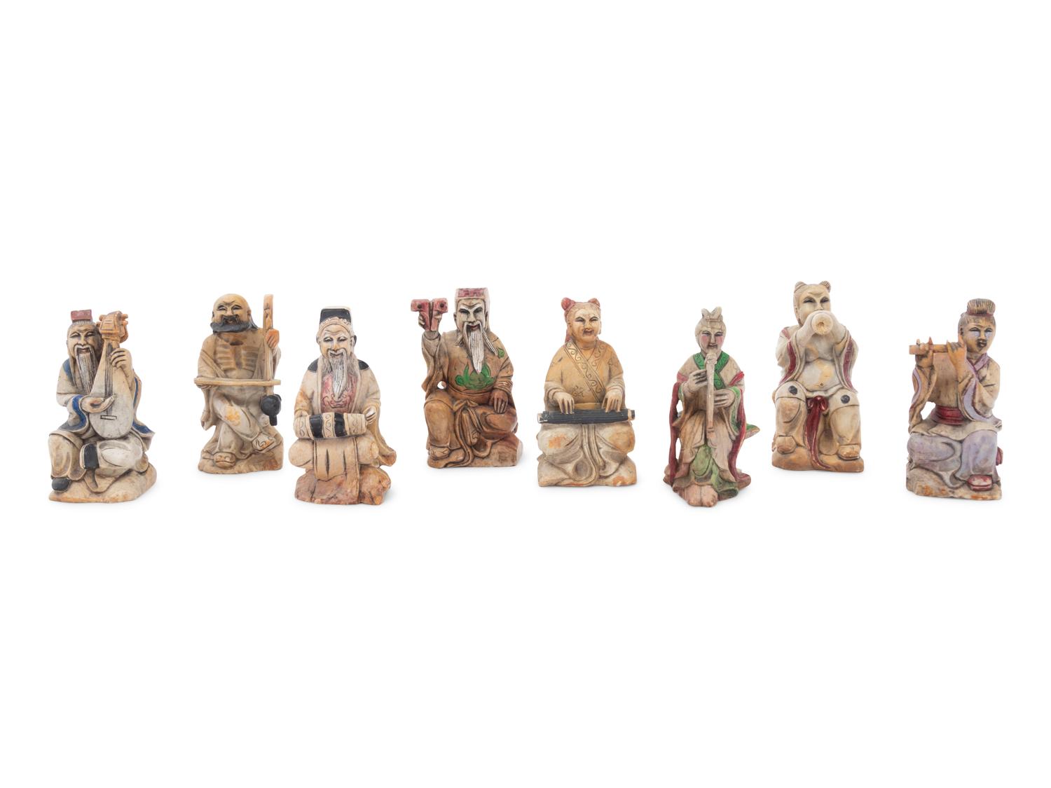 A Set of Eight Chinese Painted Soapstone Figures of Daoist Immortals