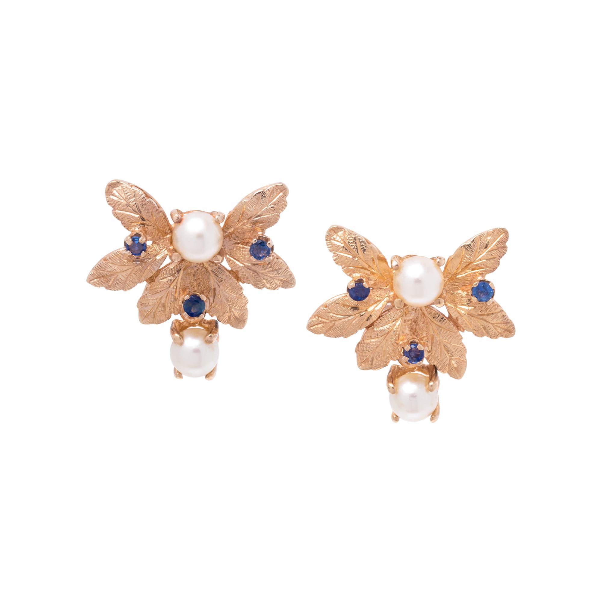 YELLOW GOLD, CULTURED PEARL AND SAPPHIRE EARCLIPS