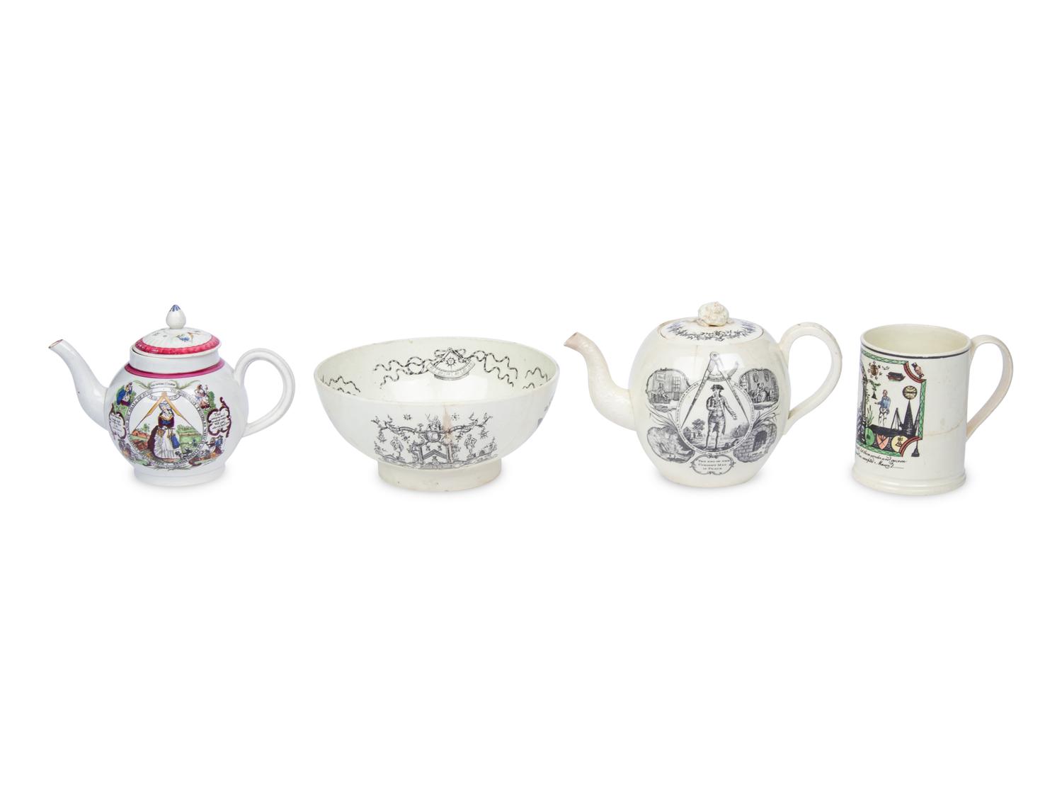 A Group Of Four English Transfer-Printed Creamware And Pearlware Articles With Masonic Decoration