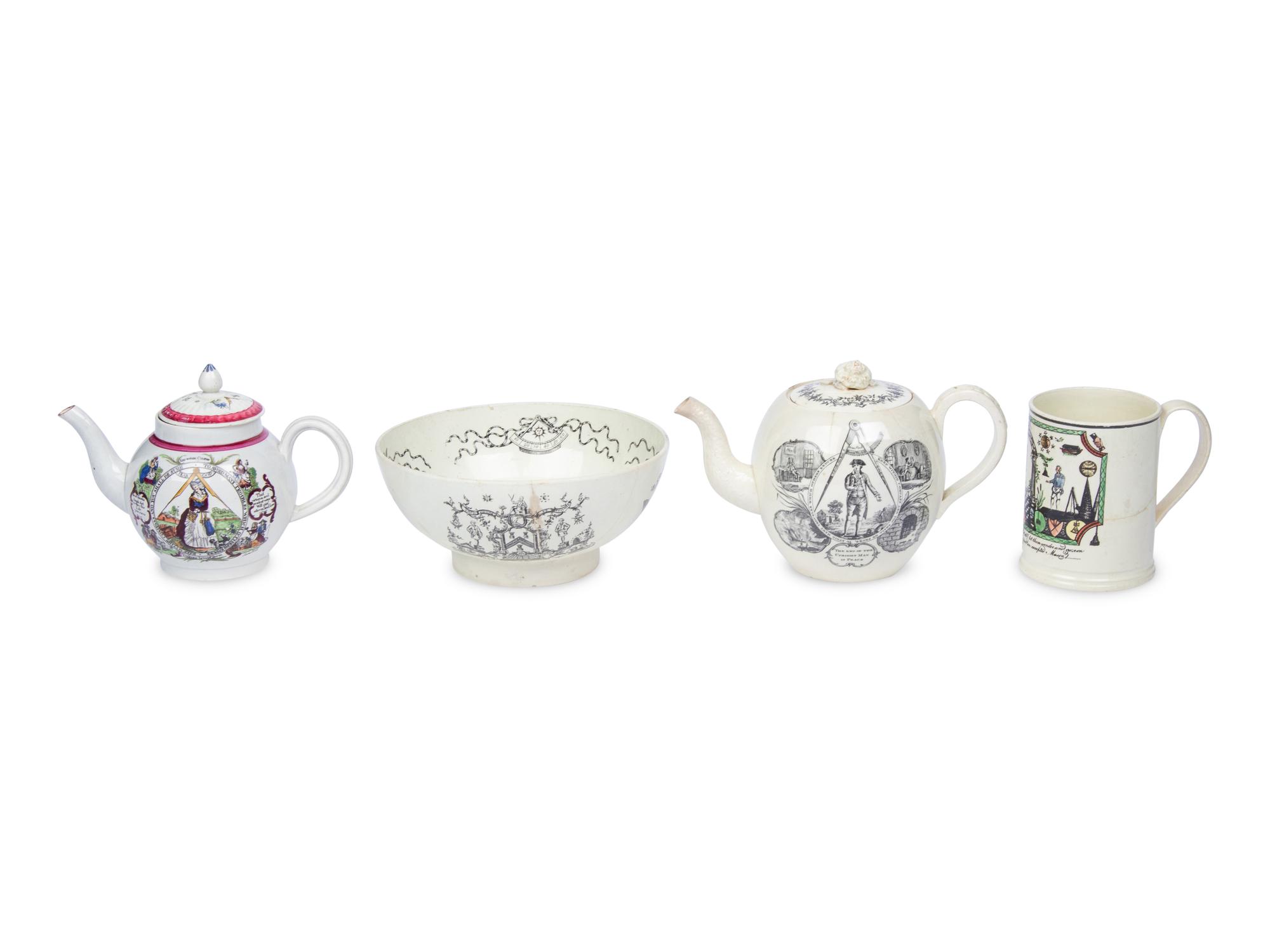 A Group Of Four English Transfer-Printed Creamware And Pearlware Articles With Masonic Decoration