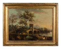 Landscape along the Brenta with a stone bridge, shepherds and herds , early 1740s