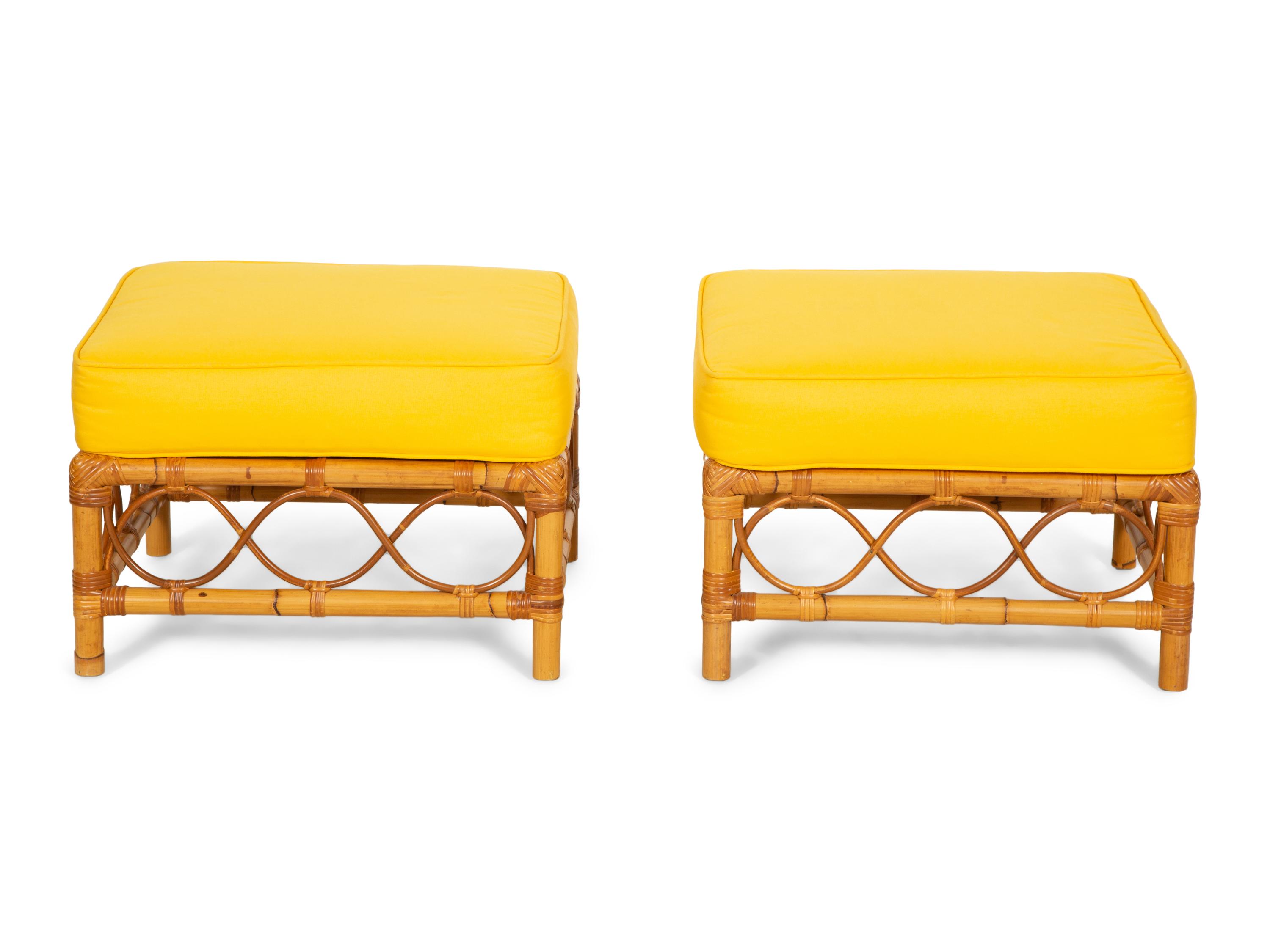 A Bielecky Brothers Rattan Settee with Two End Tables and a Pair of Ottomans
