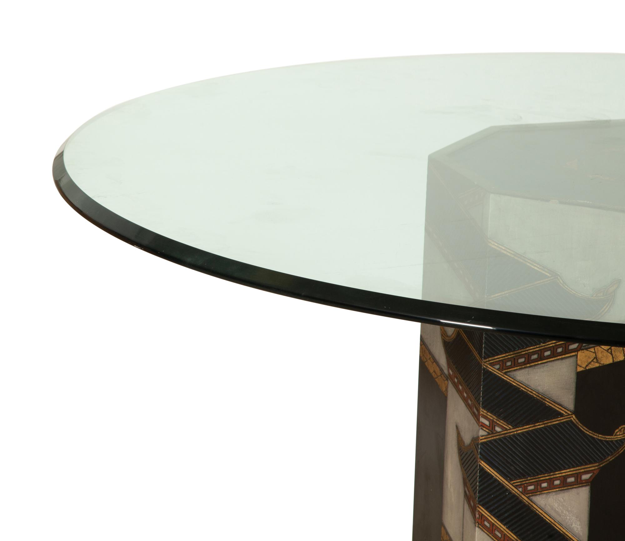 A Chinoiserie Decorated Pedestal Table with Glass Top