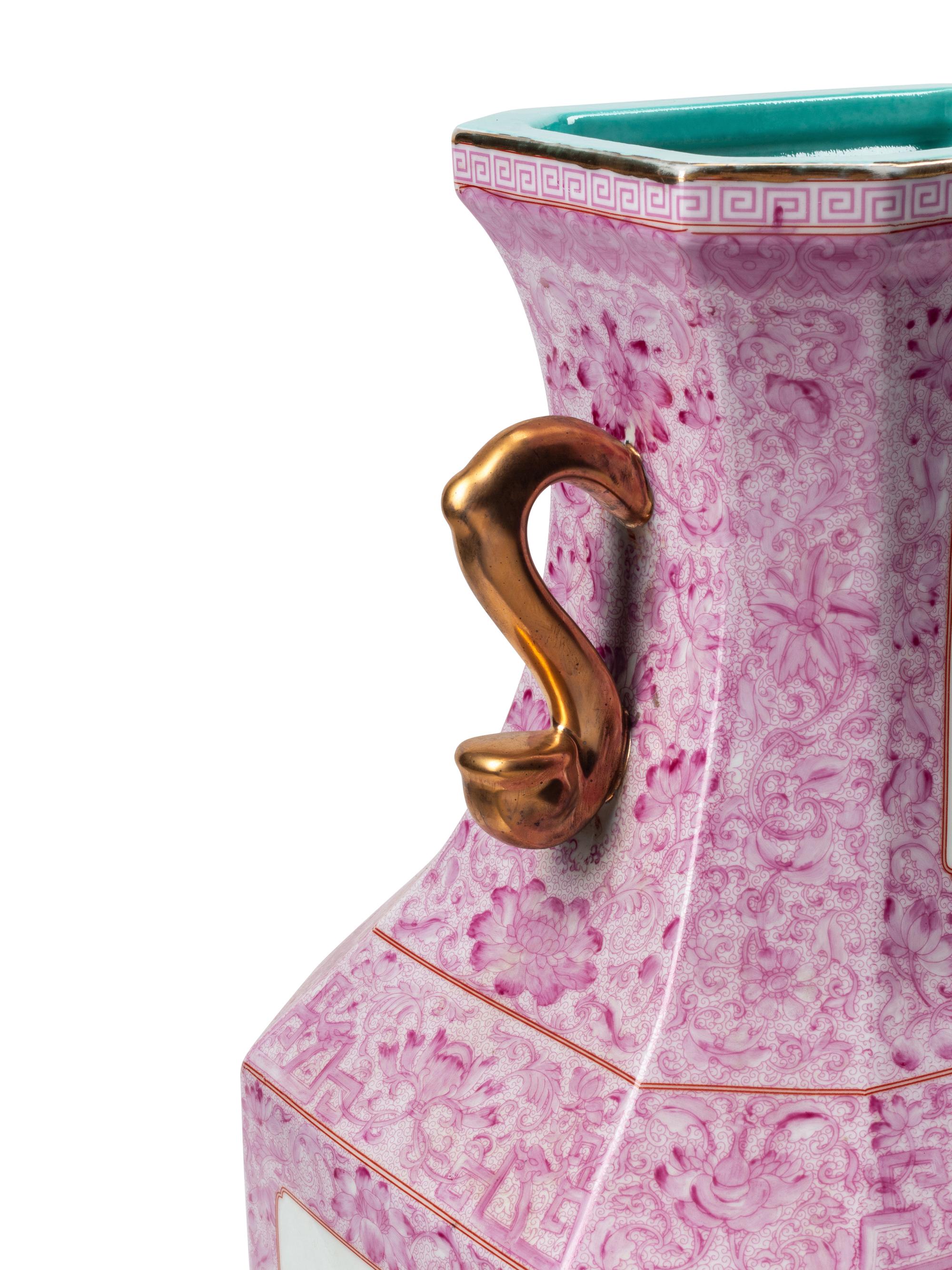 A Pair of Chinese Pink-Ground Porcelain and Grisaille Enamel Vases