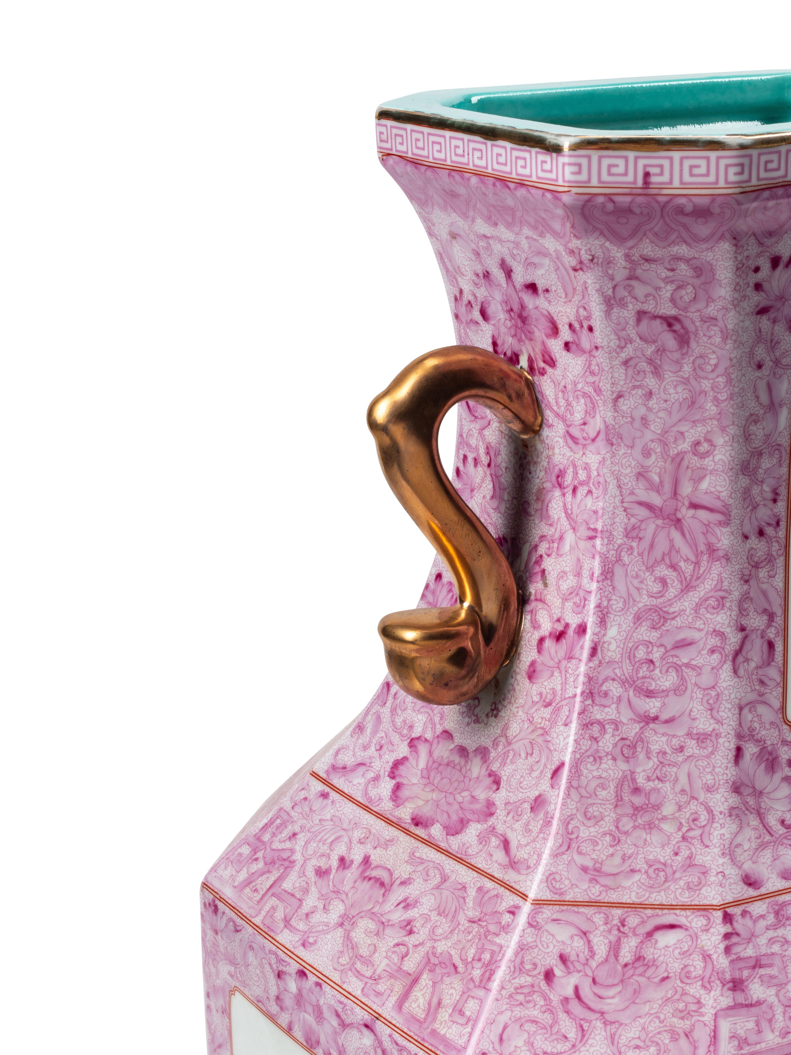 A Pair of Chinese Pink-Ground Porcelain and Grisaille Enamel Vases