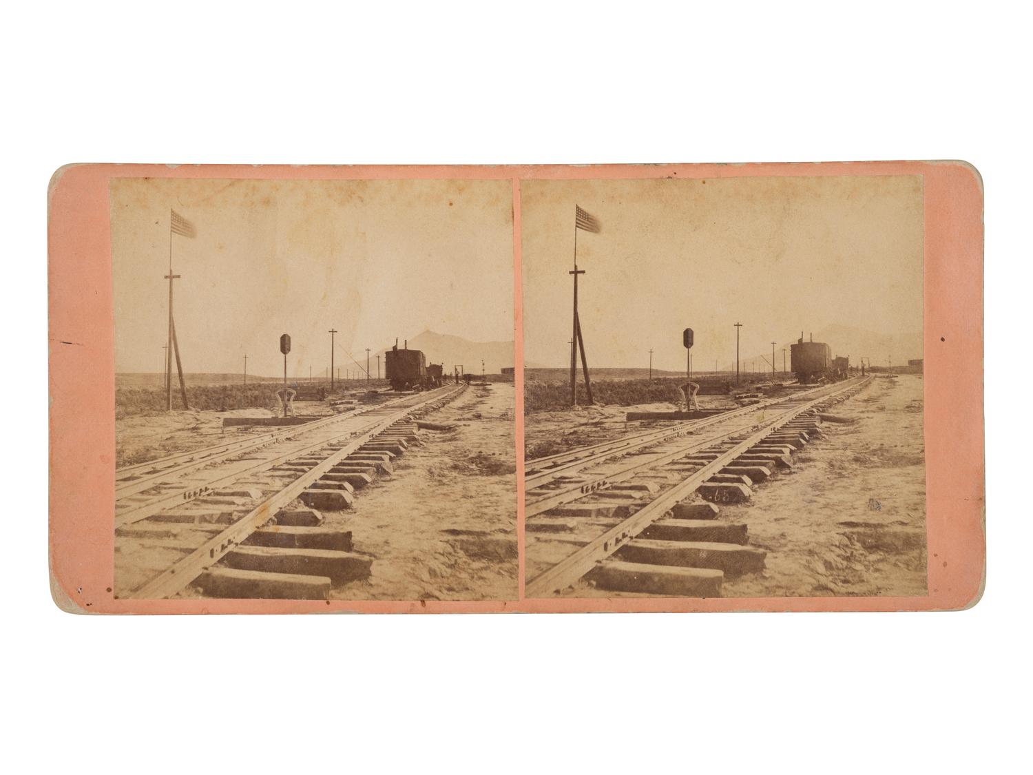 [TRANSPORTATION-WESTERN AMERICANA]. JACKSON BROS., photographers. Junction of the U.P. and the C.P.R.R. at Promontory Point, showing the last rail and tie . Omaha, NE.