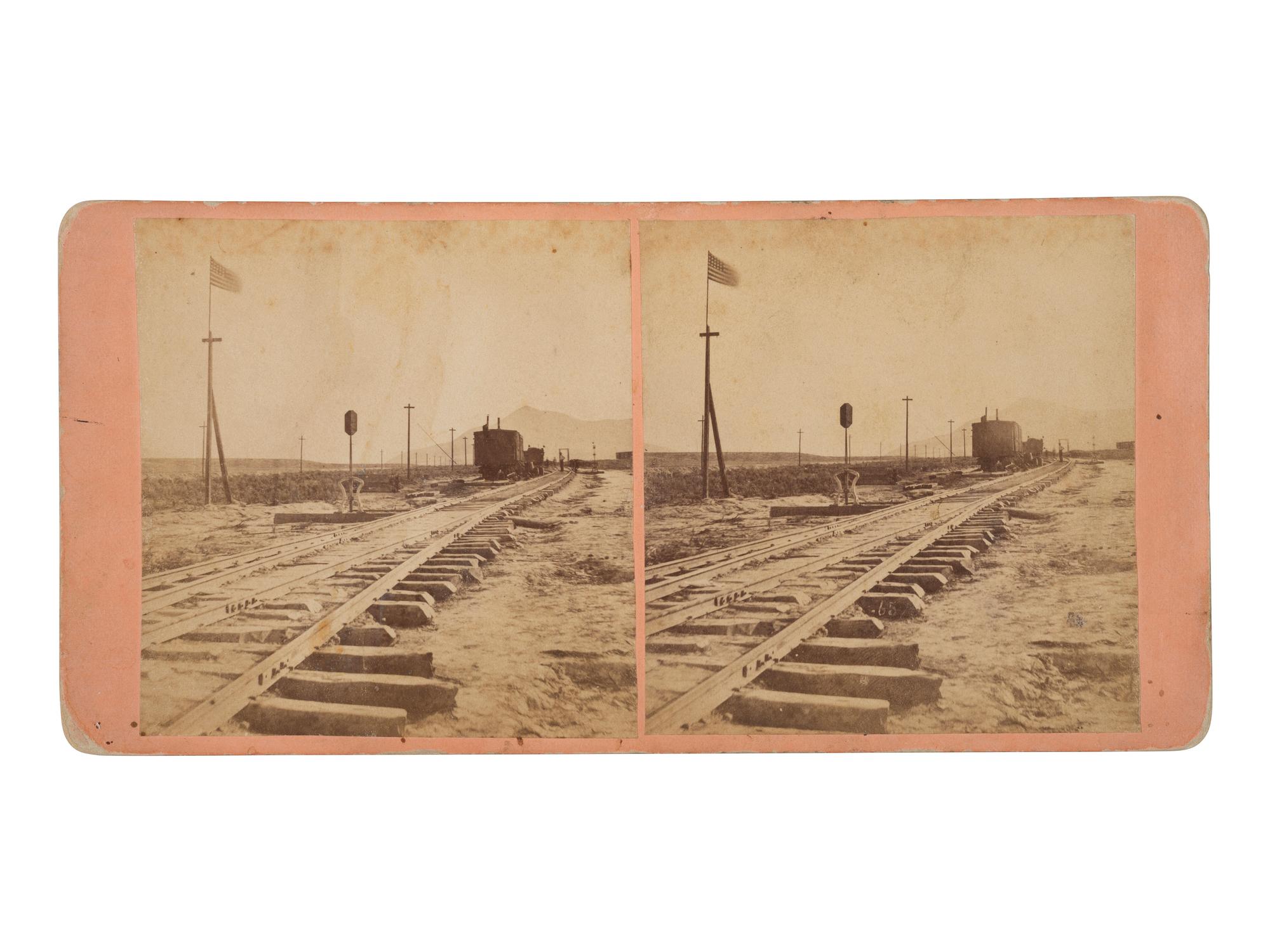 [TRANSPORTATION-WESTERN AMERICANA]. JACKSON BROS., photographers. Junction of the U.P. and the C.P.R.R. at Promontory Point, showing the last rail and tie . Omaha, NE.