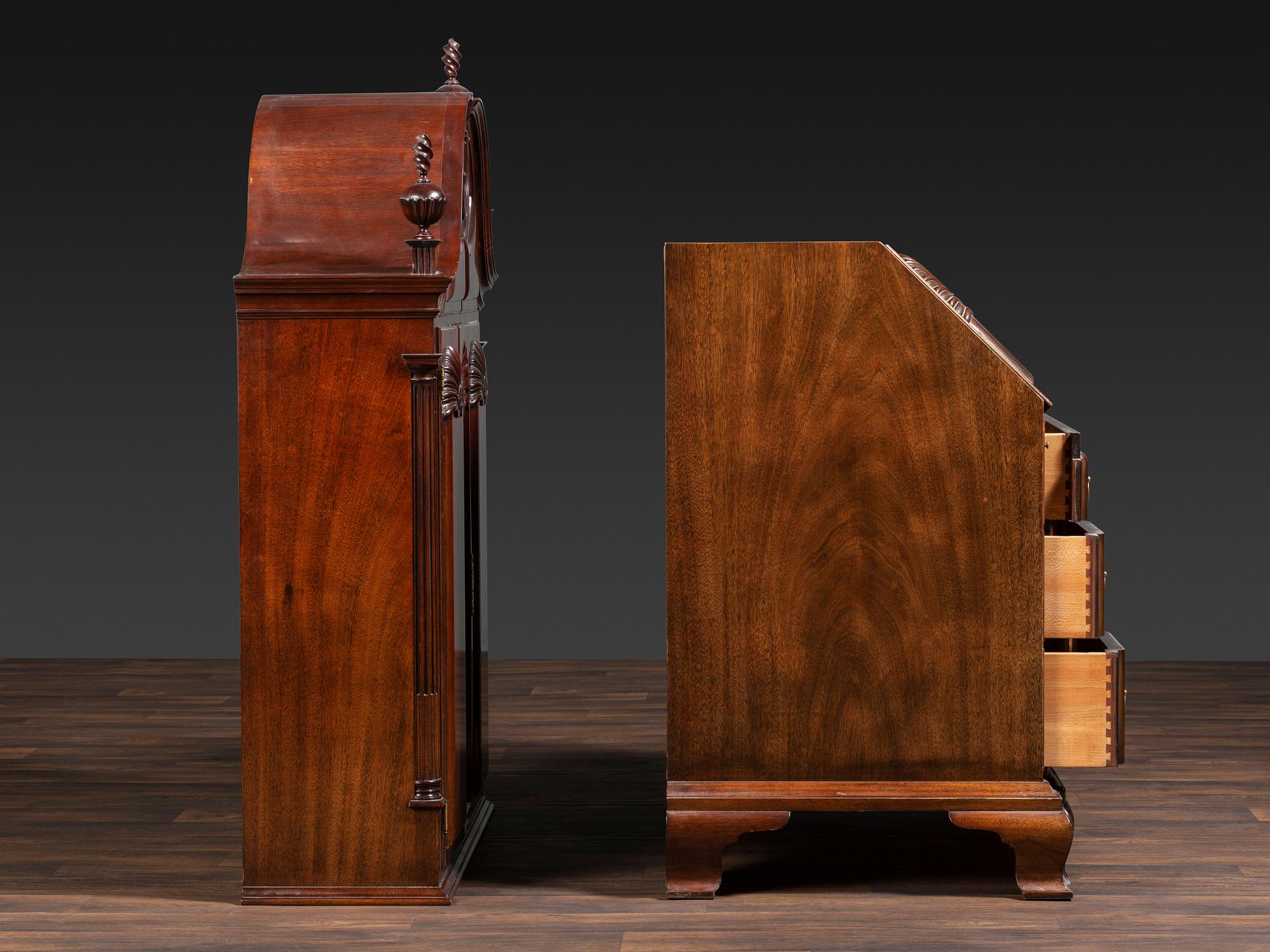 A Kindel Chippendale Revival Shell-and-Block Front Desk-and-Bookcase