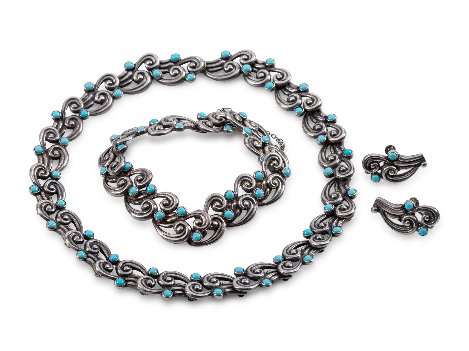 Scrolling Sterling Silver Choker, Bracelet, and Screwback Earrings