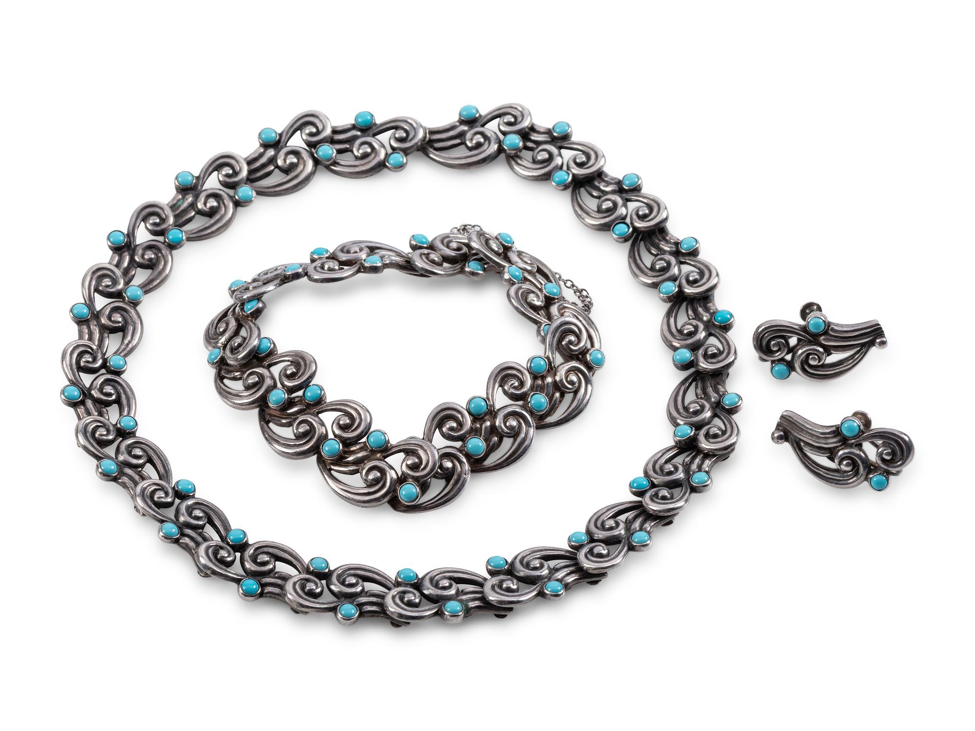 Scrolling Sterling Silver Choker, Bracelet, and Screwback Earrings