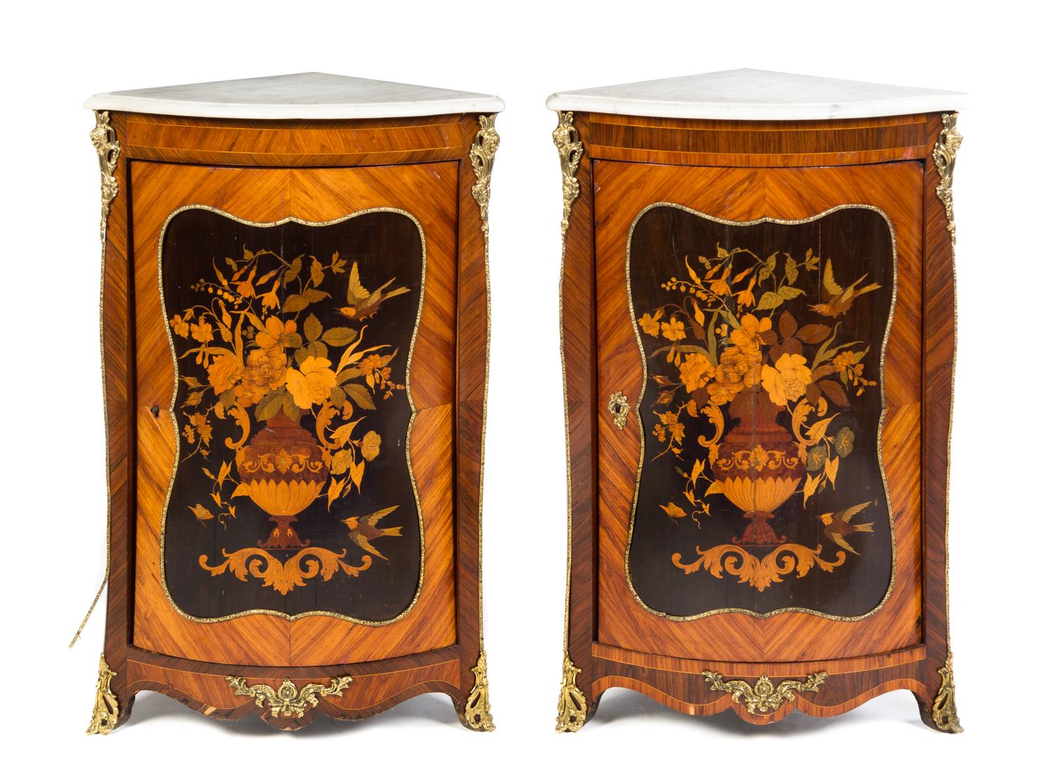 A Pair of Gilt Bronze Mounted Dutch Marquetry Corner Cabinets Height 36 x depth 16 3/4 inches. — 19TH CENTURY