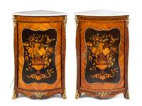 A Pair of Gilt Bronze Mounted Dutch Marquetry Corner Cabinets Height 36 x depth 16 3/4 inches. — 19TH CENTURY