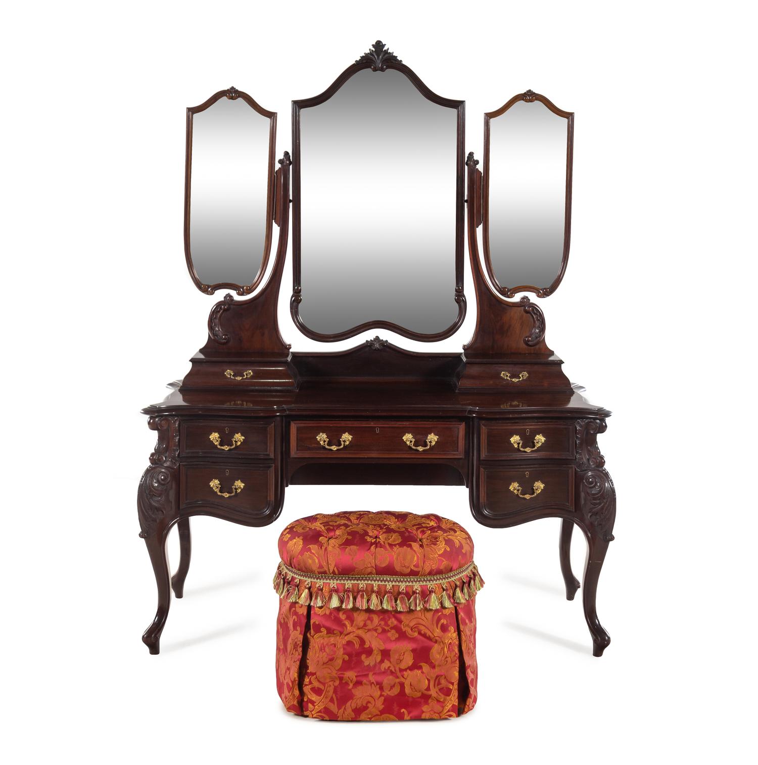 An English Mahogany Dressing Table with a Three-Part Mirror