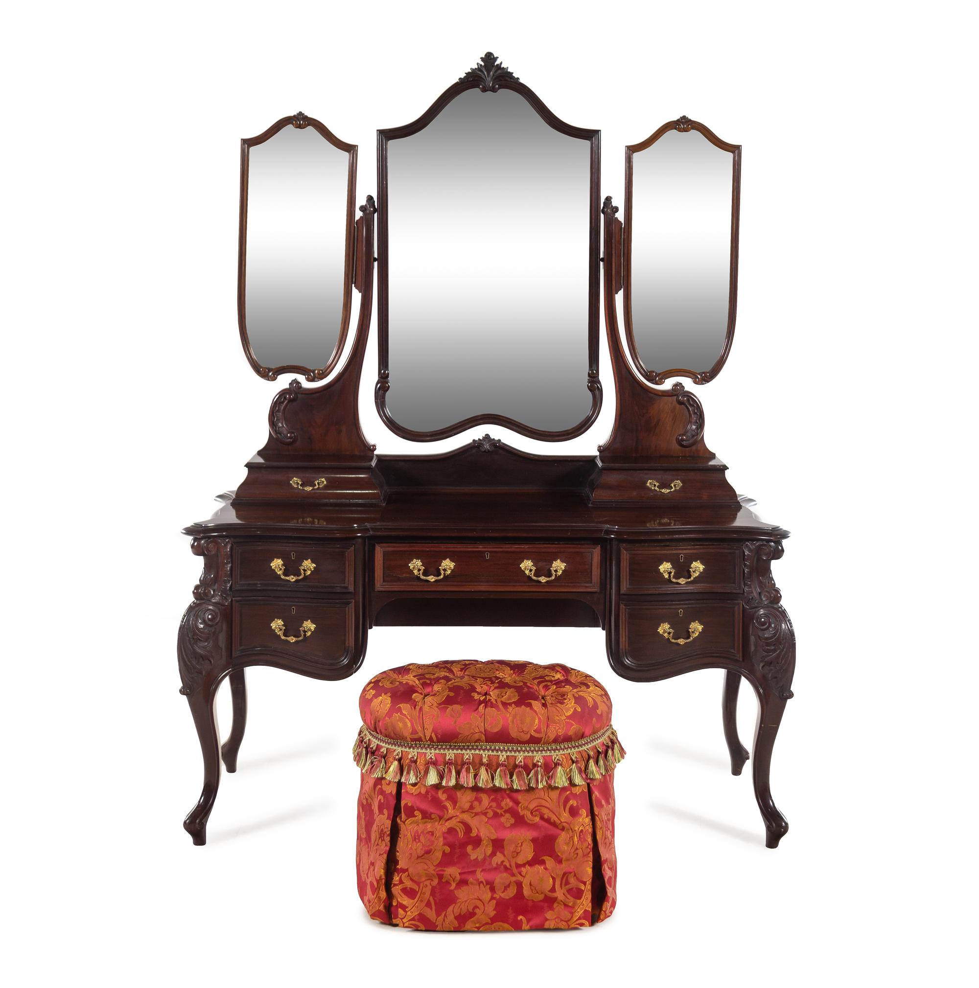 An English Mahogany Dressing Table with a Three-Part Mirror