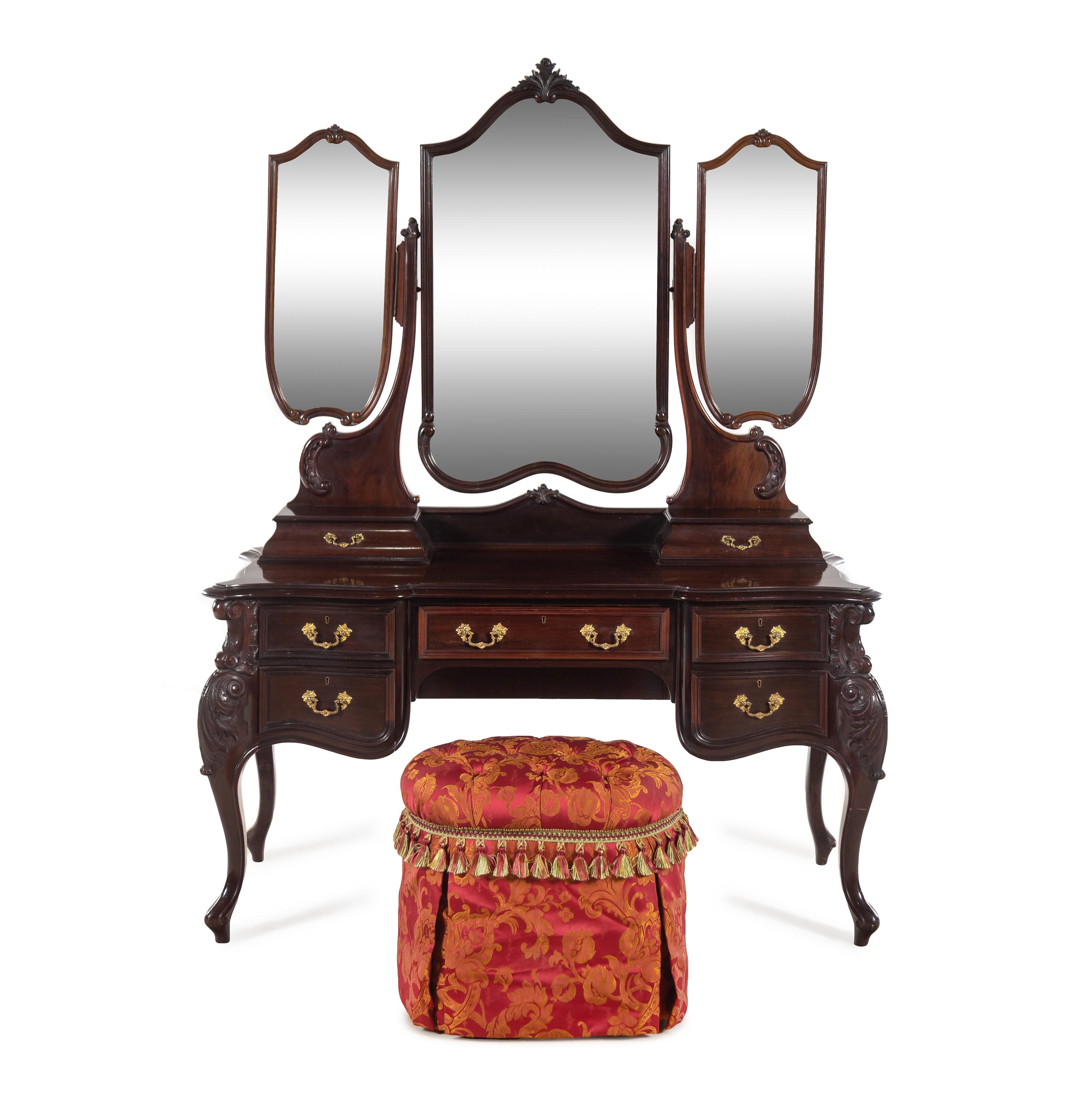 An English Mahogany Dressing Table with a Three-Part Mirror
