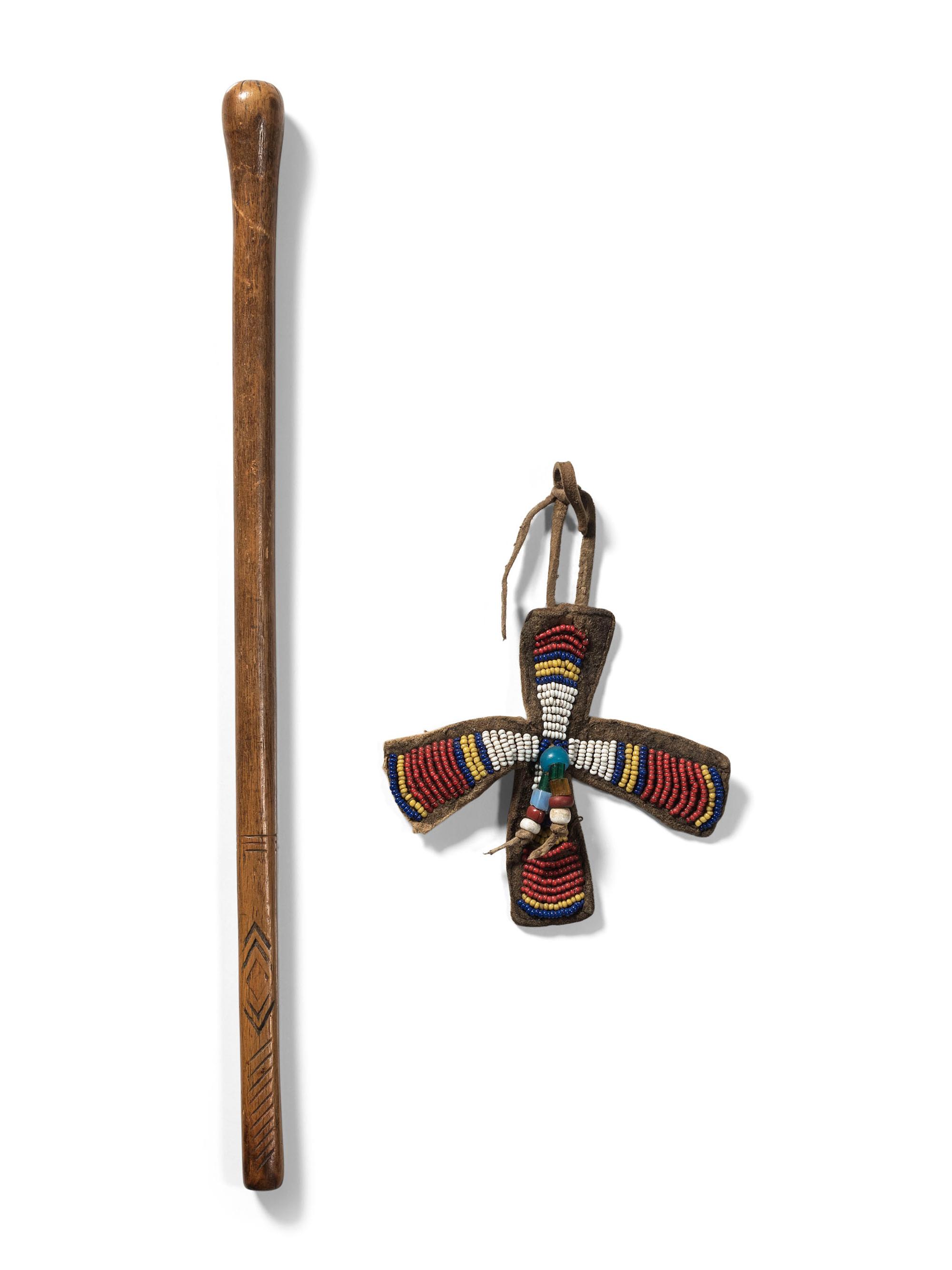 Southern Plains Beaded Buffalo Hide Hair Drop and Decorated Drum Beater