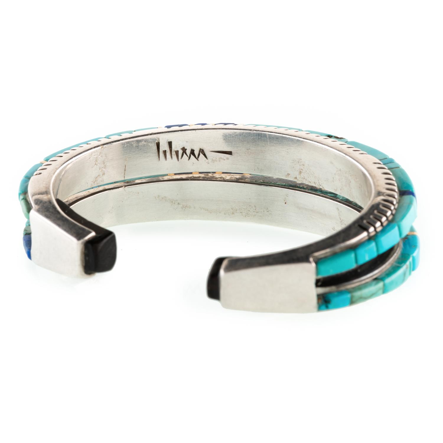 Silver, Turquoise, Ironwood, and Lapis Cuff Bracelet, with Gold Accents Lot is located and will ship from Denver, Colorado.