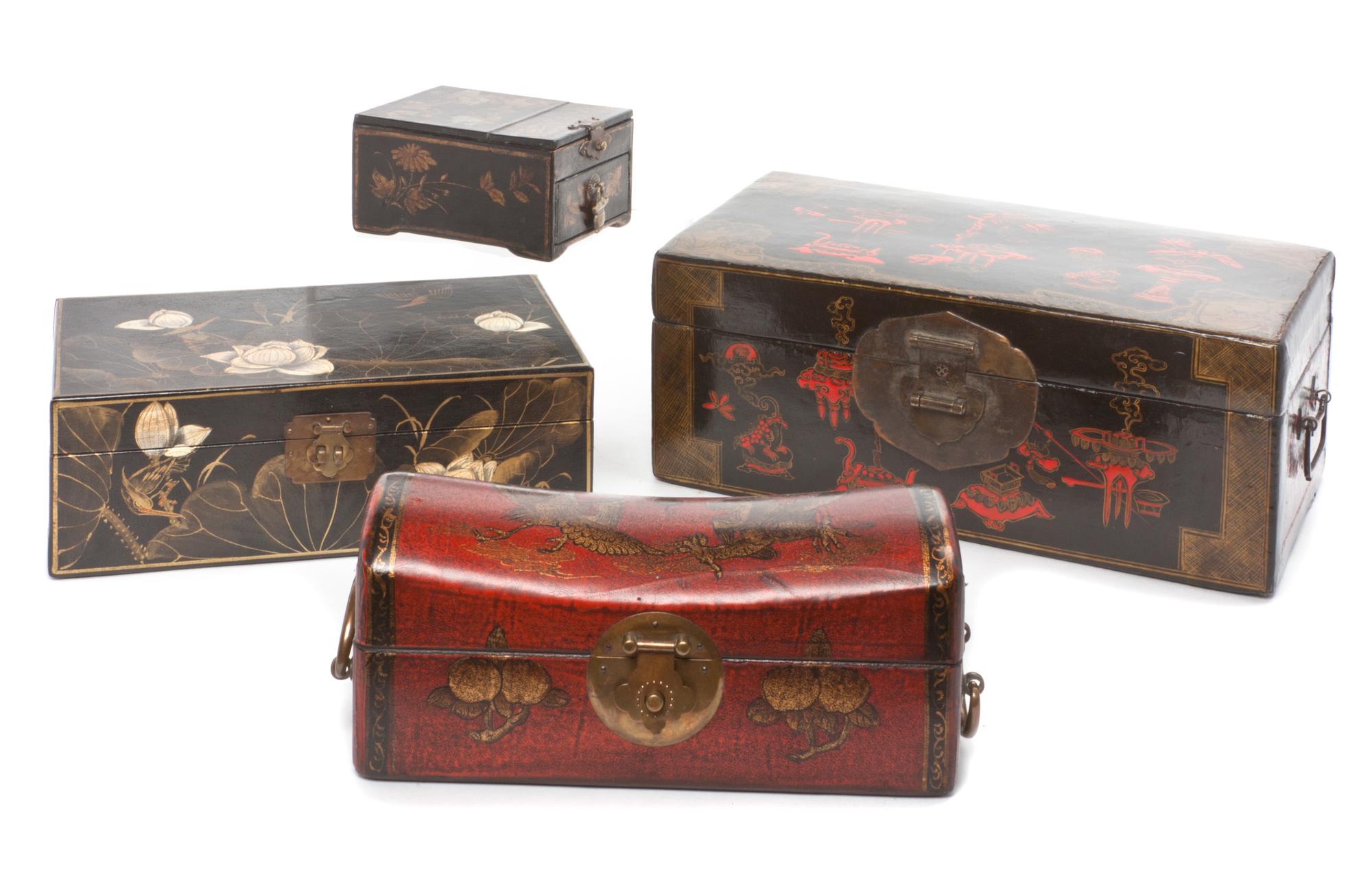 Four Lacquer Boxes Height of largest 6 x width 15 x depth 8 1/4 inches.