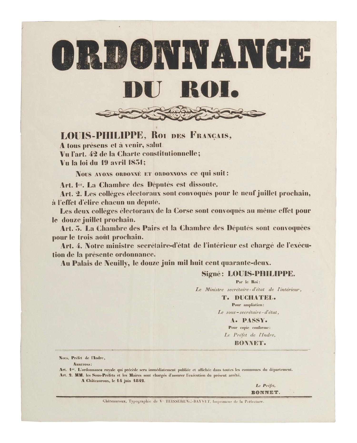 [FRANCE]. LOUIS-PHILIPPE, King of France (1773-1850). Ordonnance du Roi . Châteauroux, France, 1842.