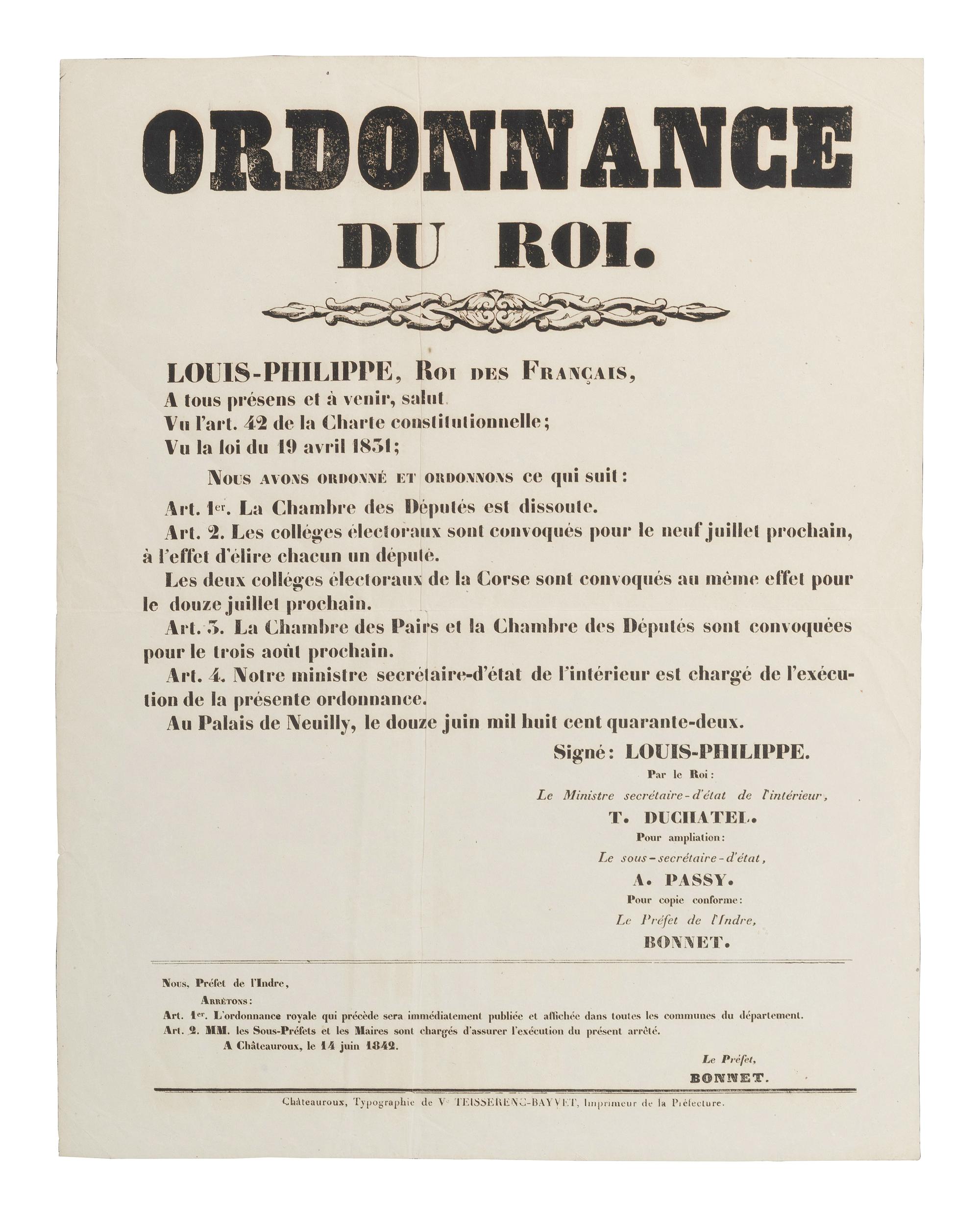 [FRANCE]. LOUIS-PHILIPPE, King of France (1773-1850). Ordonnance du Roi . Châteauroux, France, 1842.