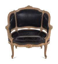 A Louis XV Style Painted and Black Leather Upholstered Bergère
