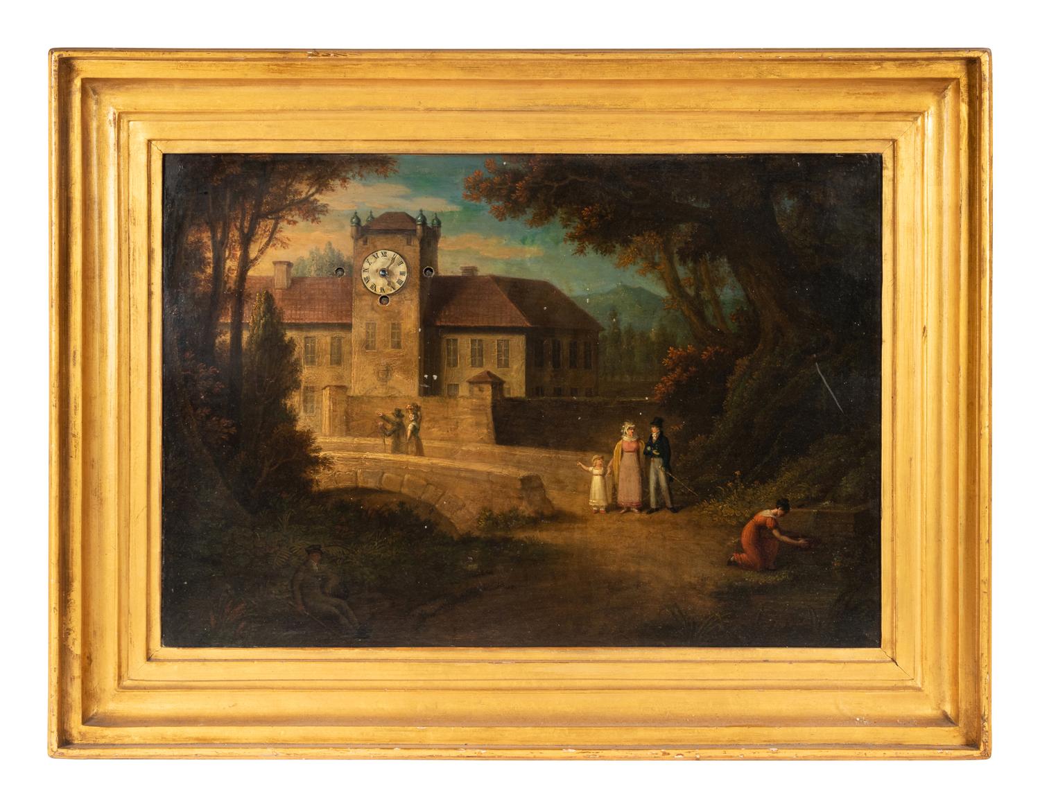 A Continental Oil on Copper Painting with an Inset Clock